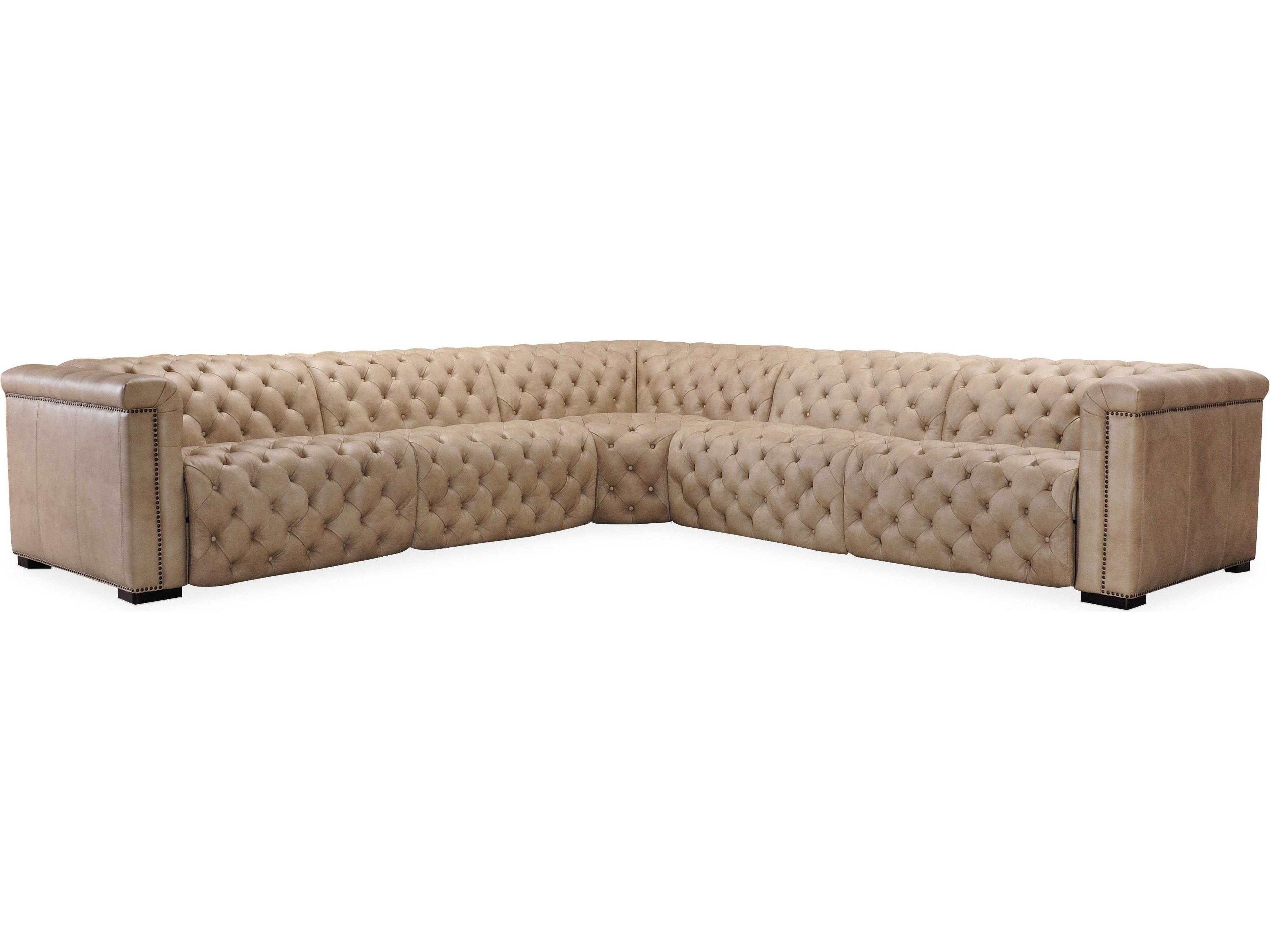 Savion Grandier 5-Piece Power Headrest Tufted Beige Leather Sectional Sofa with 2 Recliner