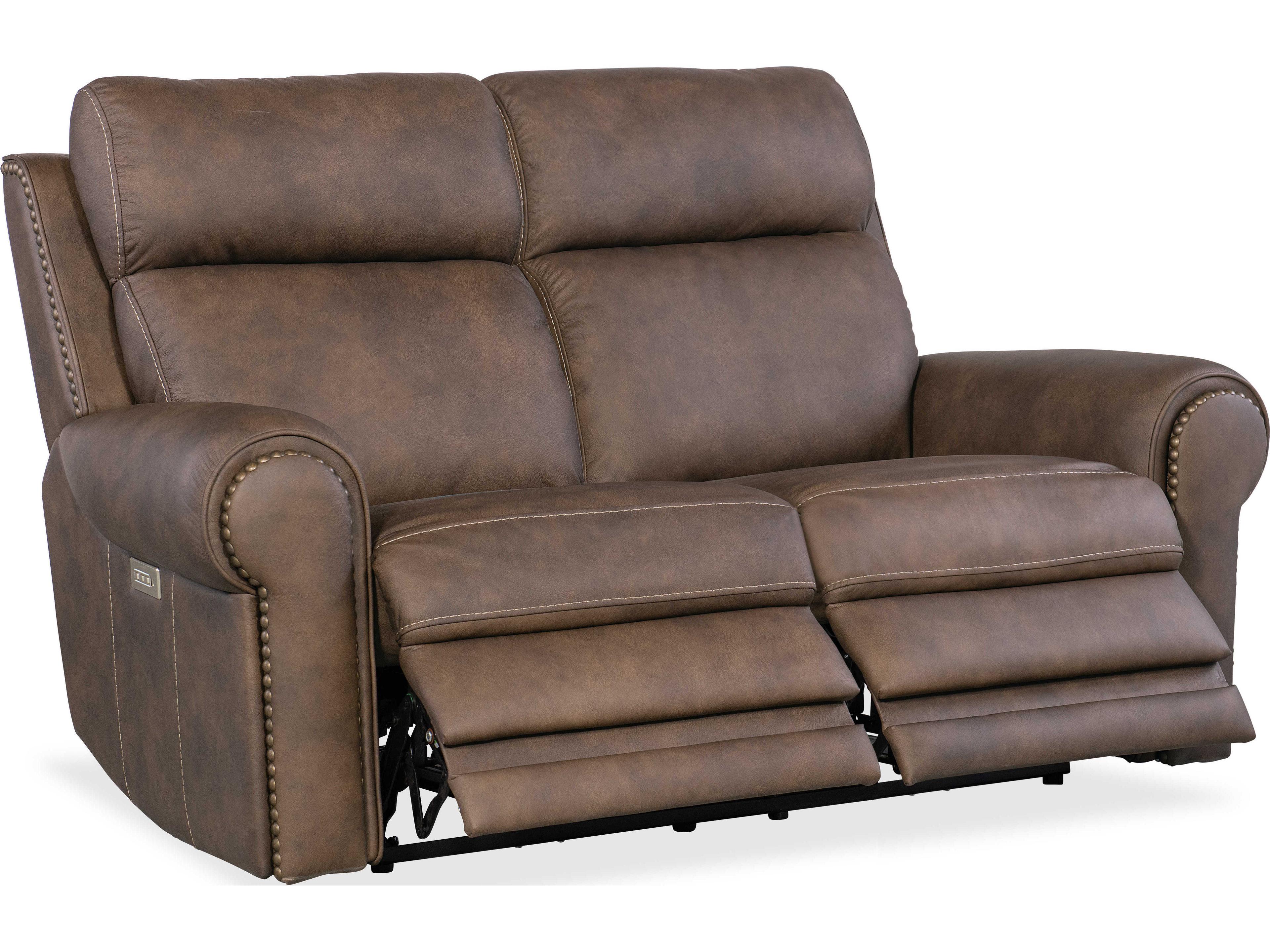 Hooker Furniture Duncan Power Kalahari Bark Brown Leather Loveseat with Headrest & Lumbar