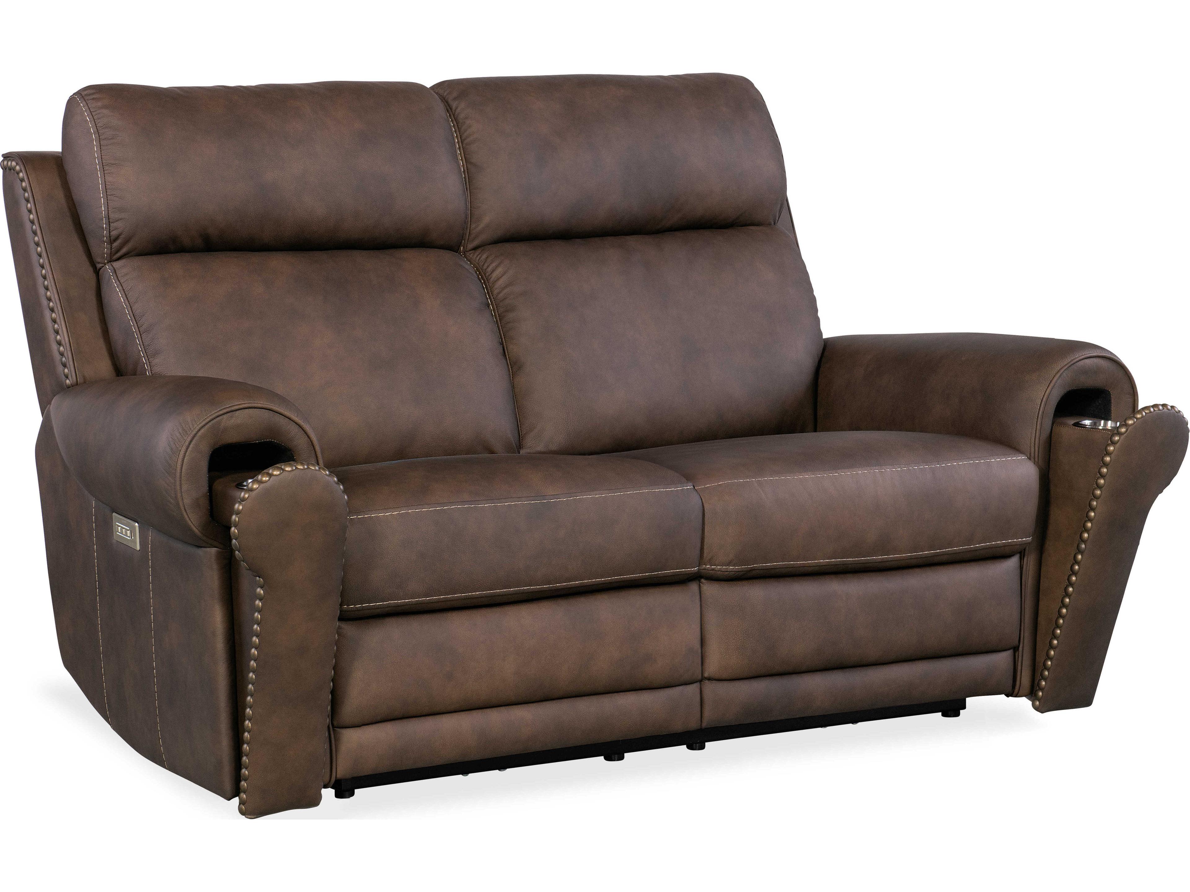 Hooker Furniture Duncan Power Kalahari Bark Brown Leather Loveseat with Headrest & Lumbar
