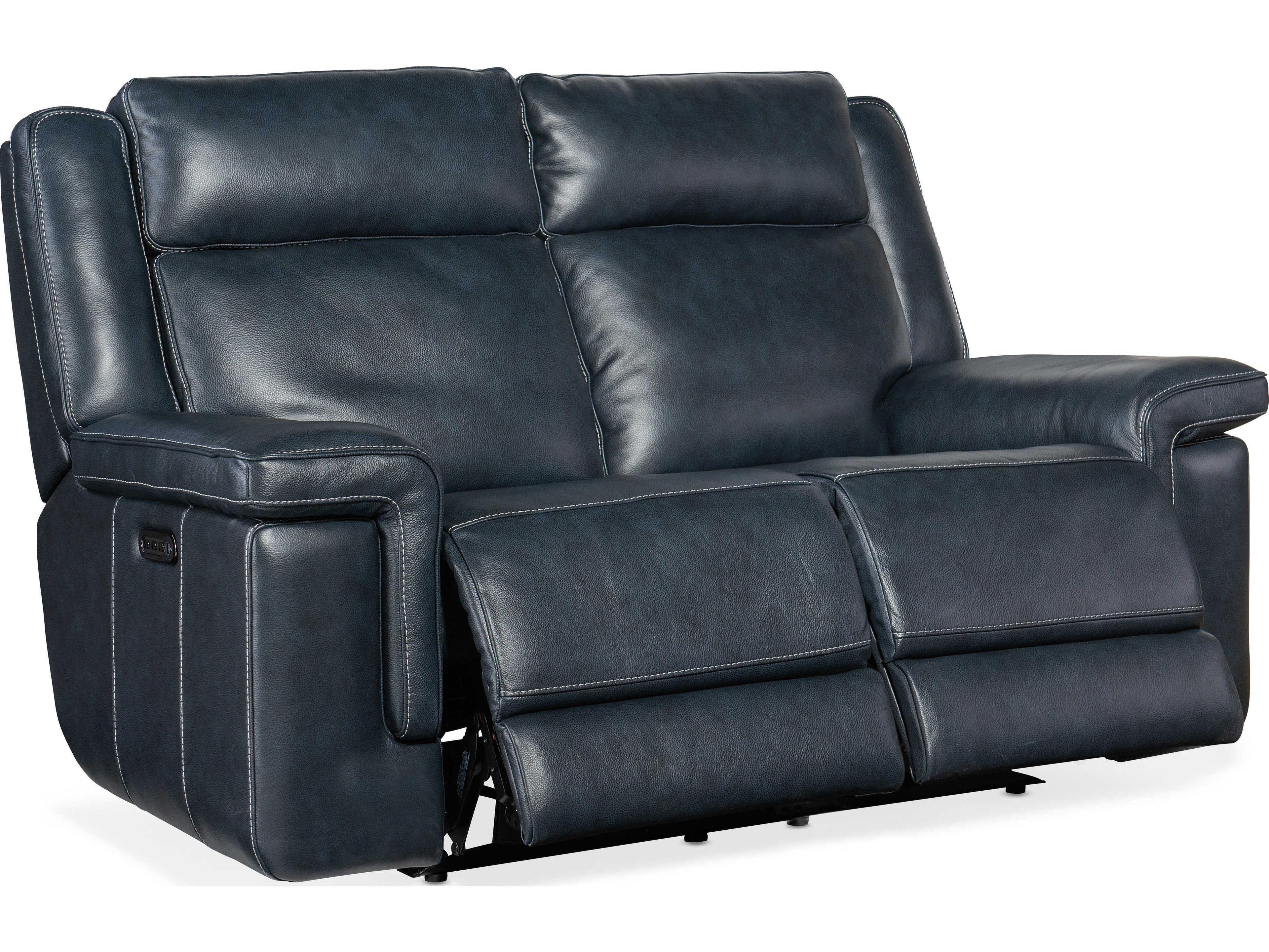 Hooker Furniture Montel Lay Flat Power Cosmos Cobalt Black Leather Loveseat with Headrest & Lumbar