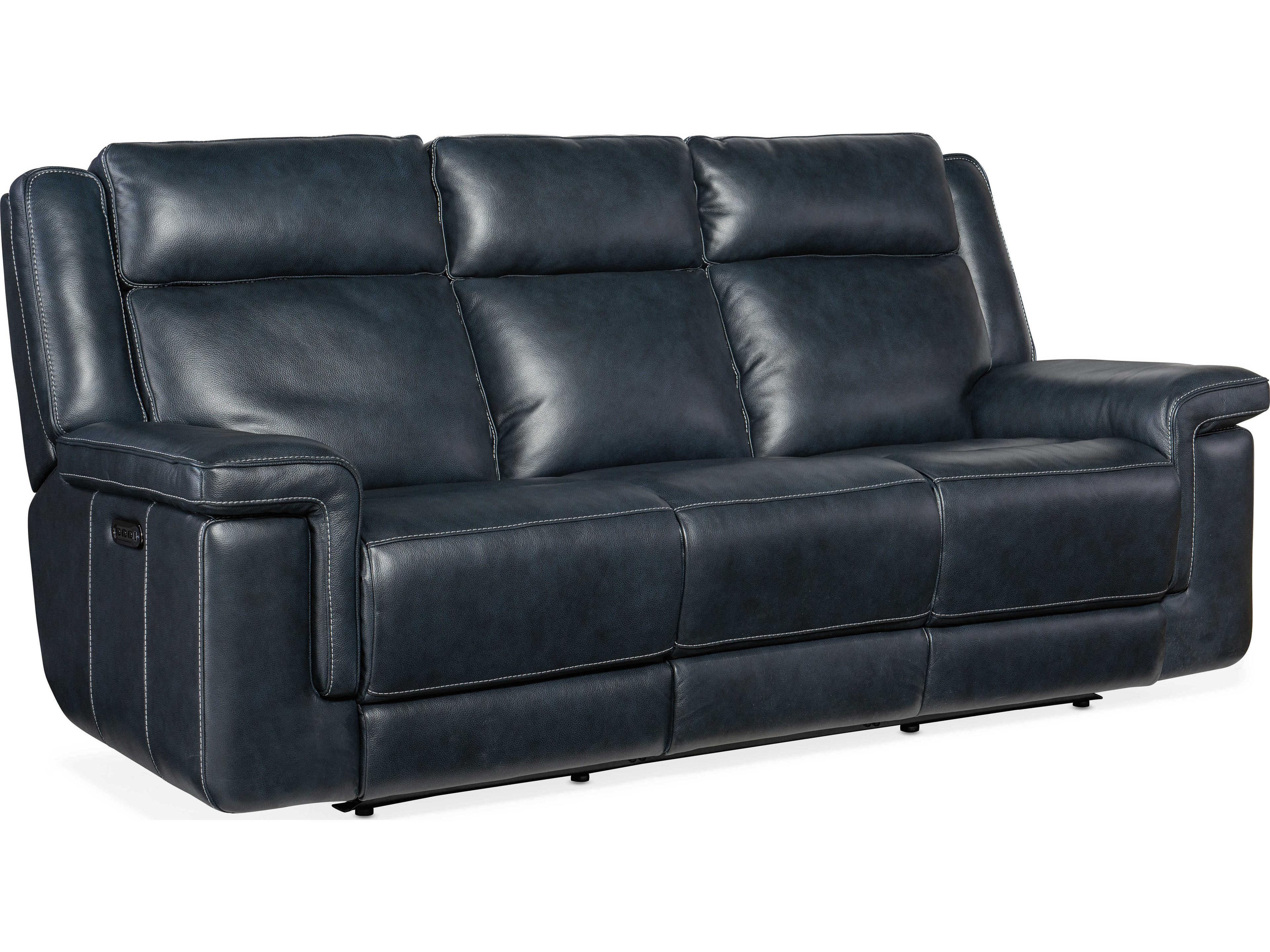 Montel Lay Flat Power Cosmos Cobalt Black Leather Sofa with Headrest & Lumbar