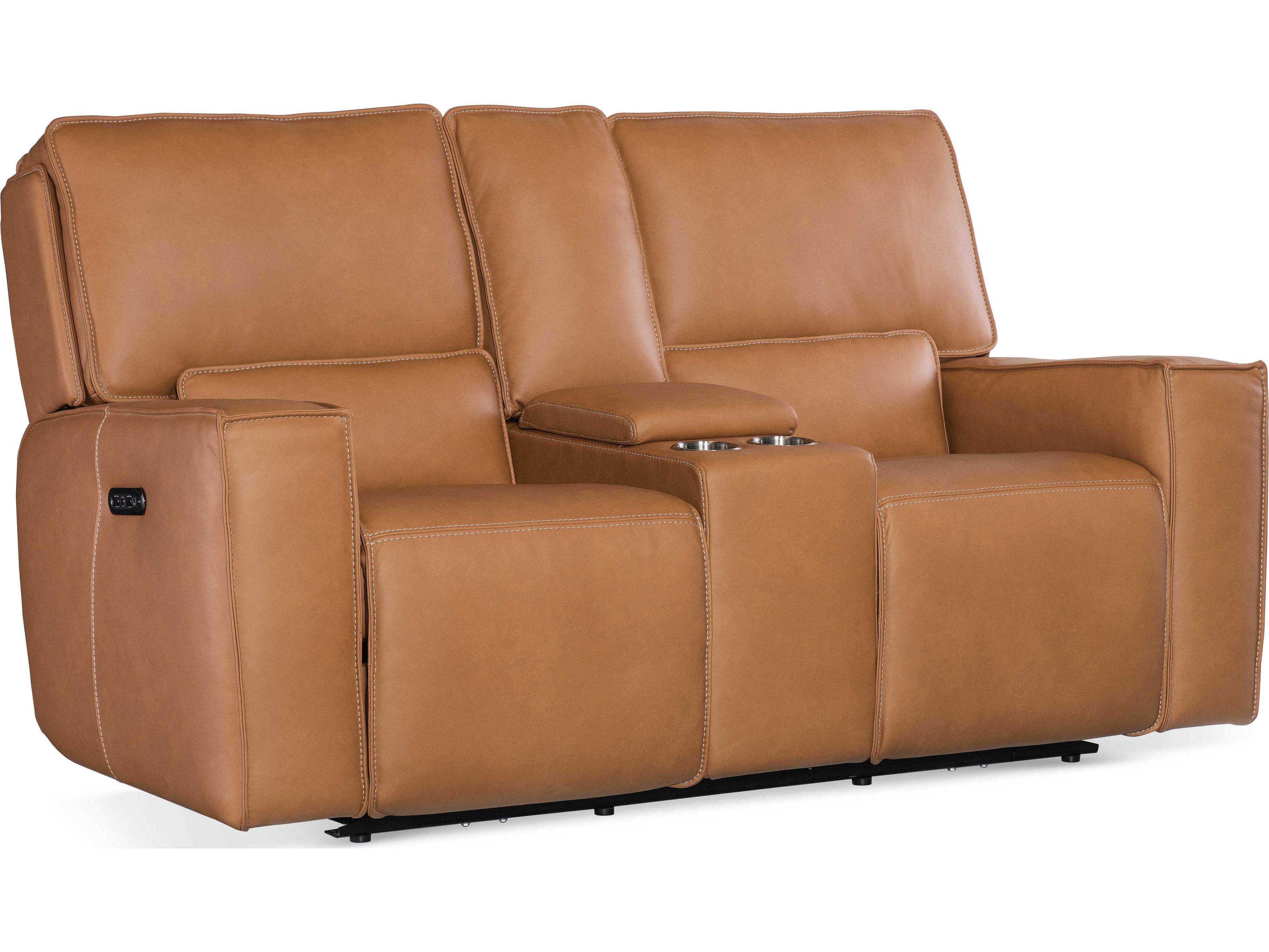 Hooker Furniture Miles Oslo Antelope Brown Leather Zero Gravity Power Console Loveseat with Power Headrest