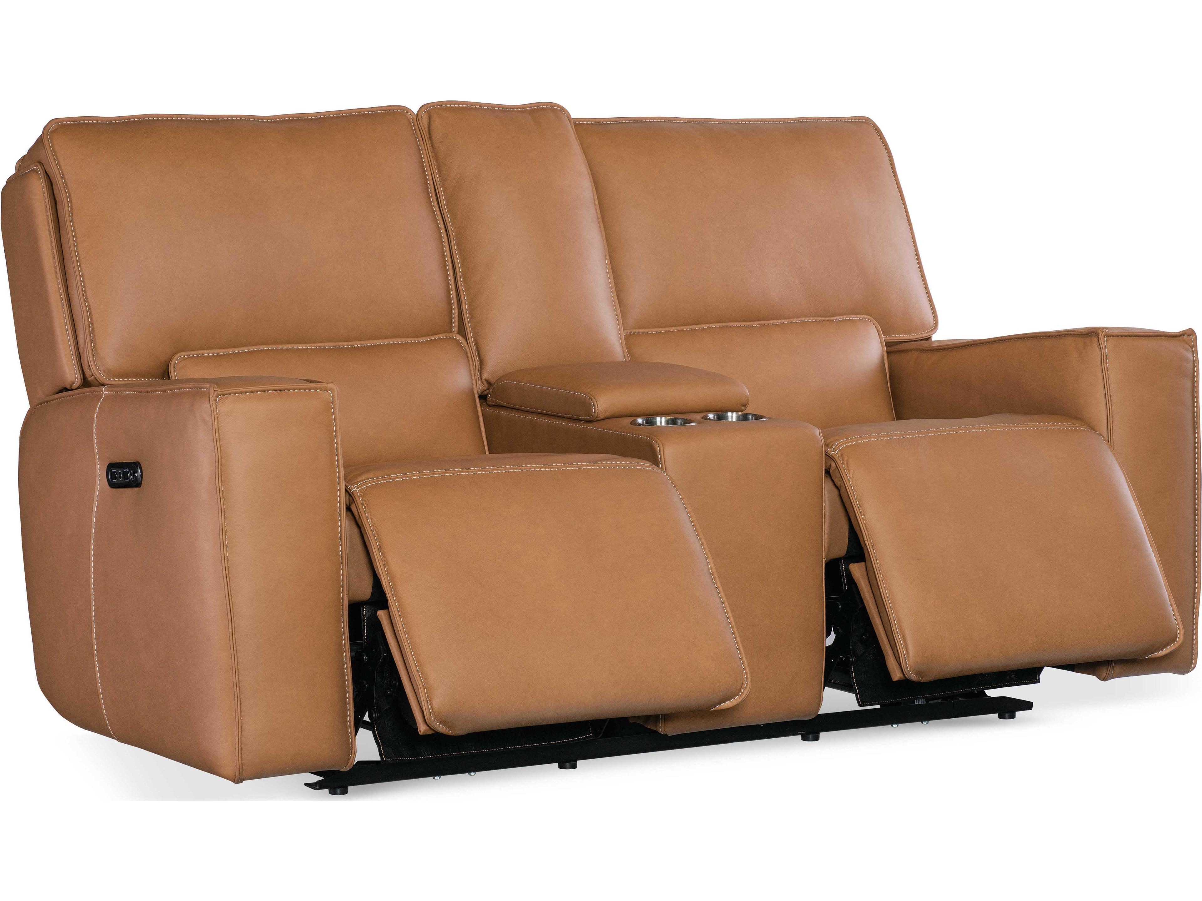 Hooker Furniture Miles Oslo Antelope Brown Leather Zero Gravity Power Console Loveseat with Power Headrest
