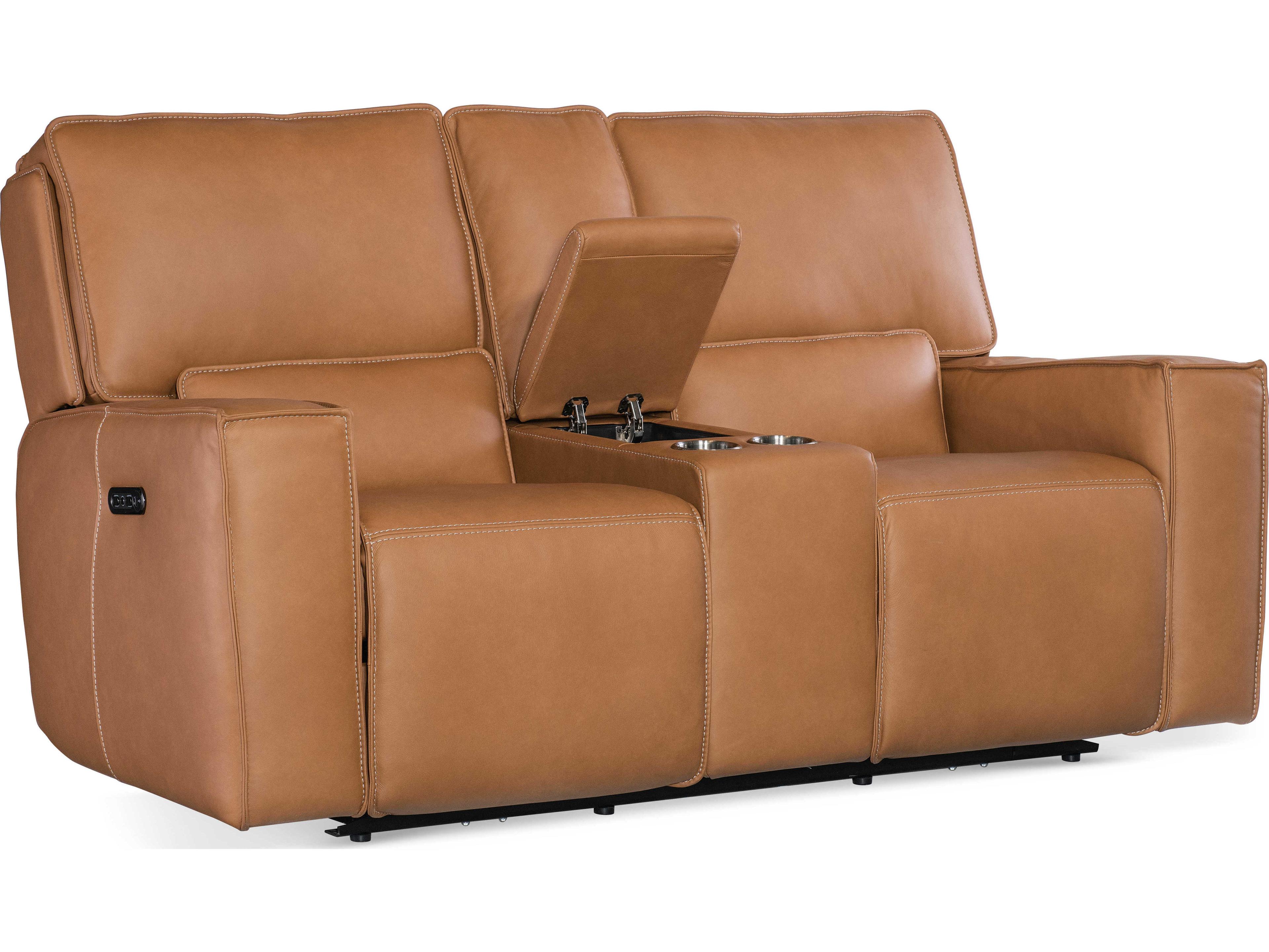 Hooker Furniture Miles Oslo Antelope Brown Leather Zero Gravity Power Console Loveseat with Power Headrest