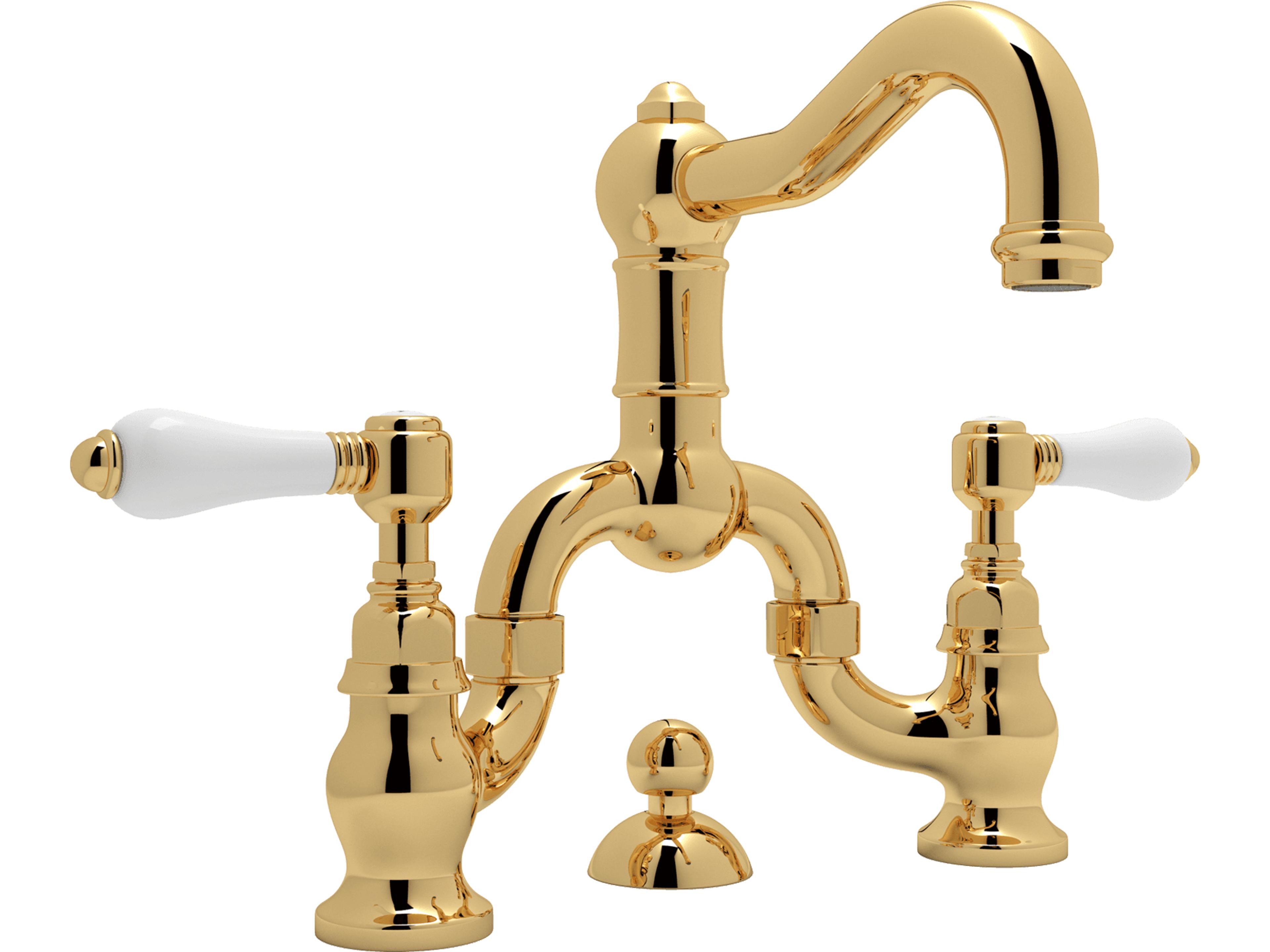Acqui Italian Bath Deck Mounted Lavatory Bridge Faucet in Italian Brass with Porcelain Levers