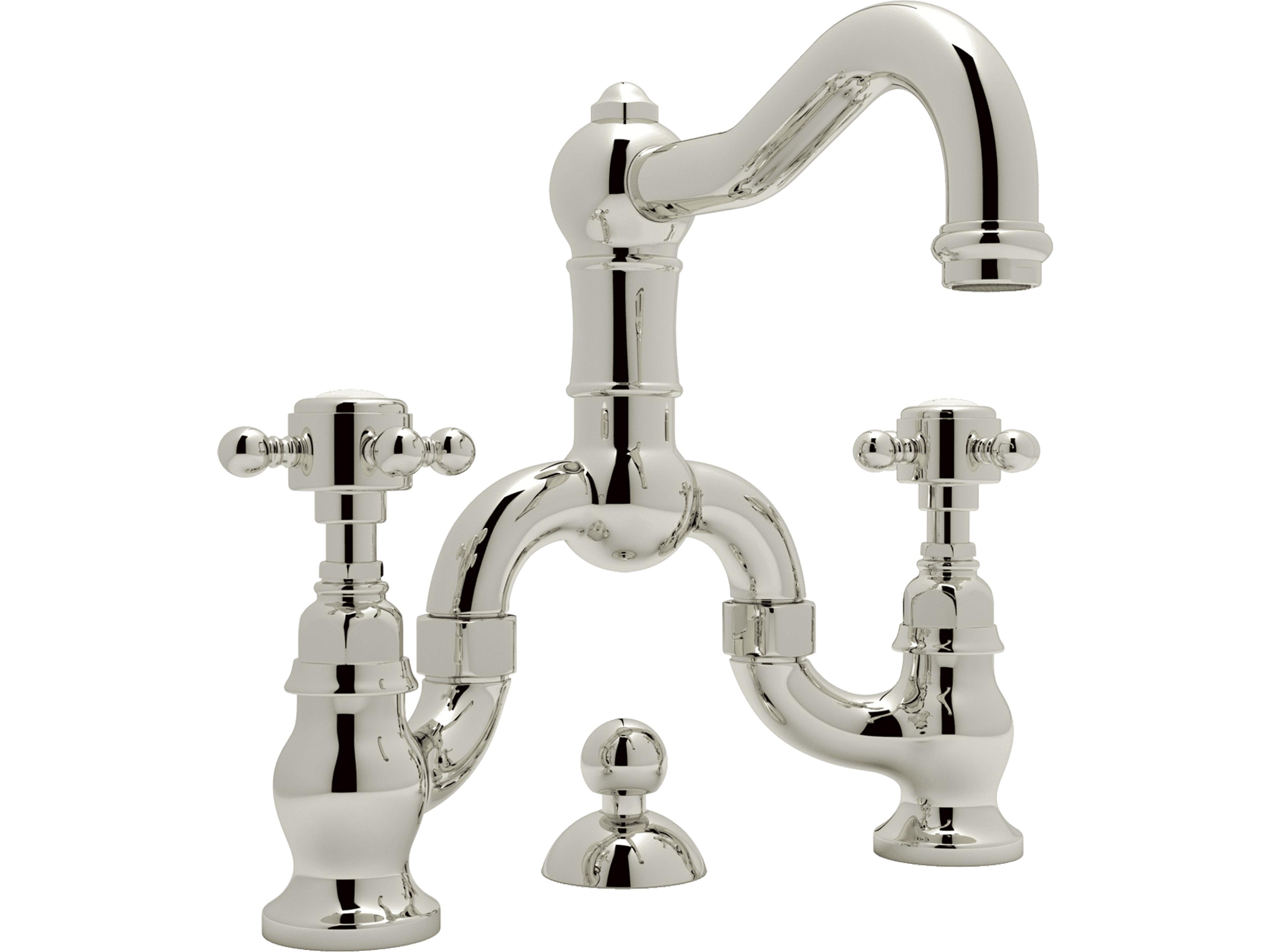 Acqui Italian Bath Deck Mounted Lavatory Bridge Faucet in Polished Nickel with Cross Handles