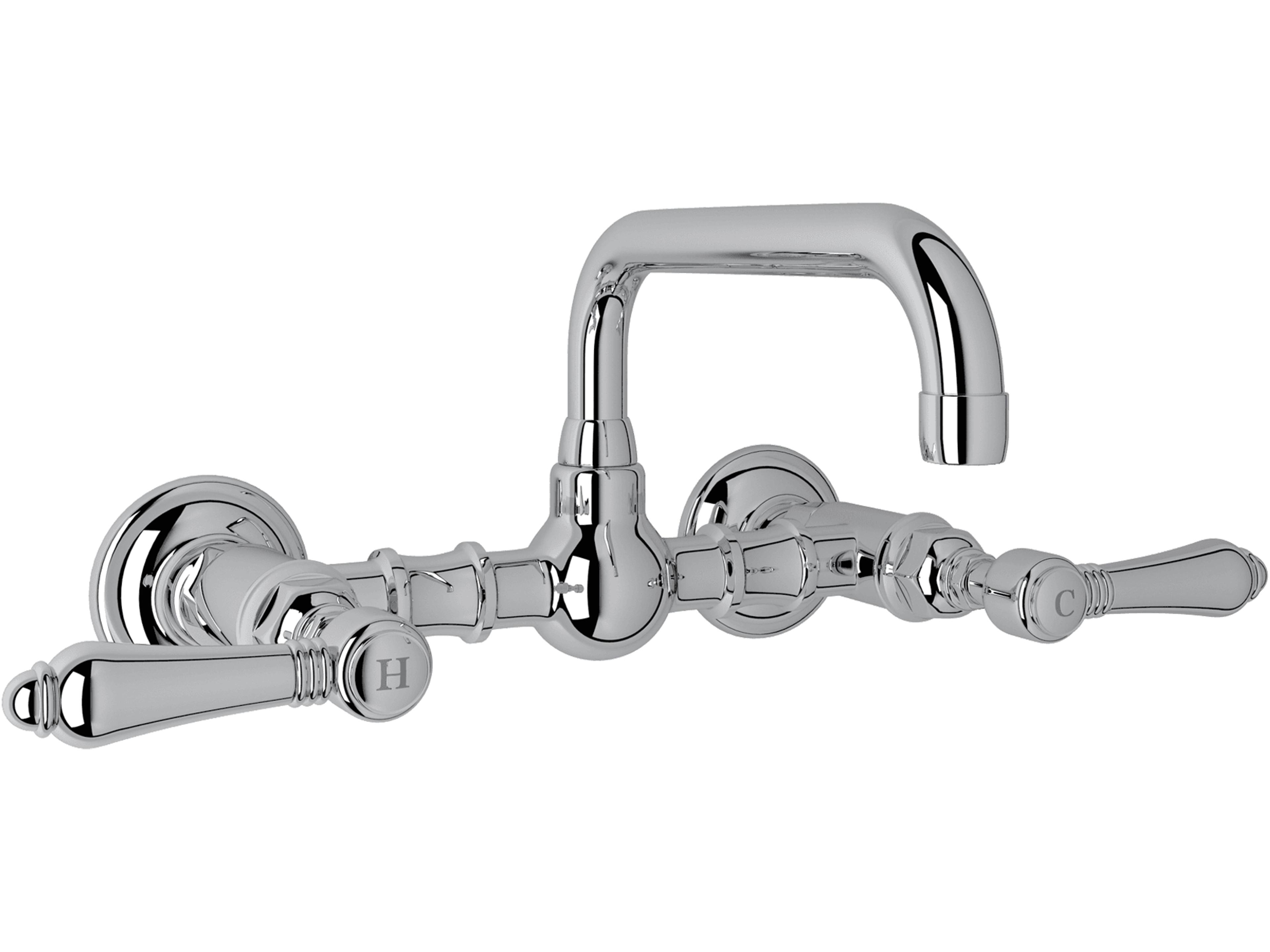 Acqui talian Bath Vocca Wall Mounted Bridge Lavatory Faucet In Polished Chrome With Metal Levers And High Swinging Spout
