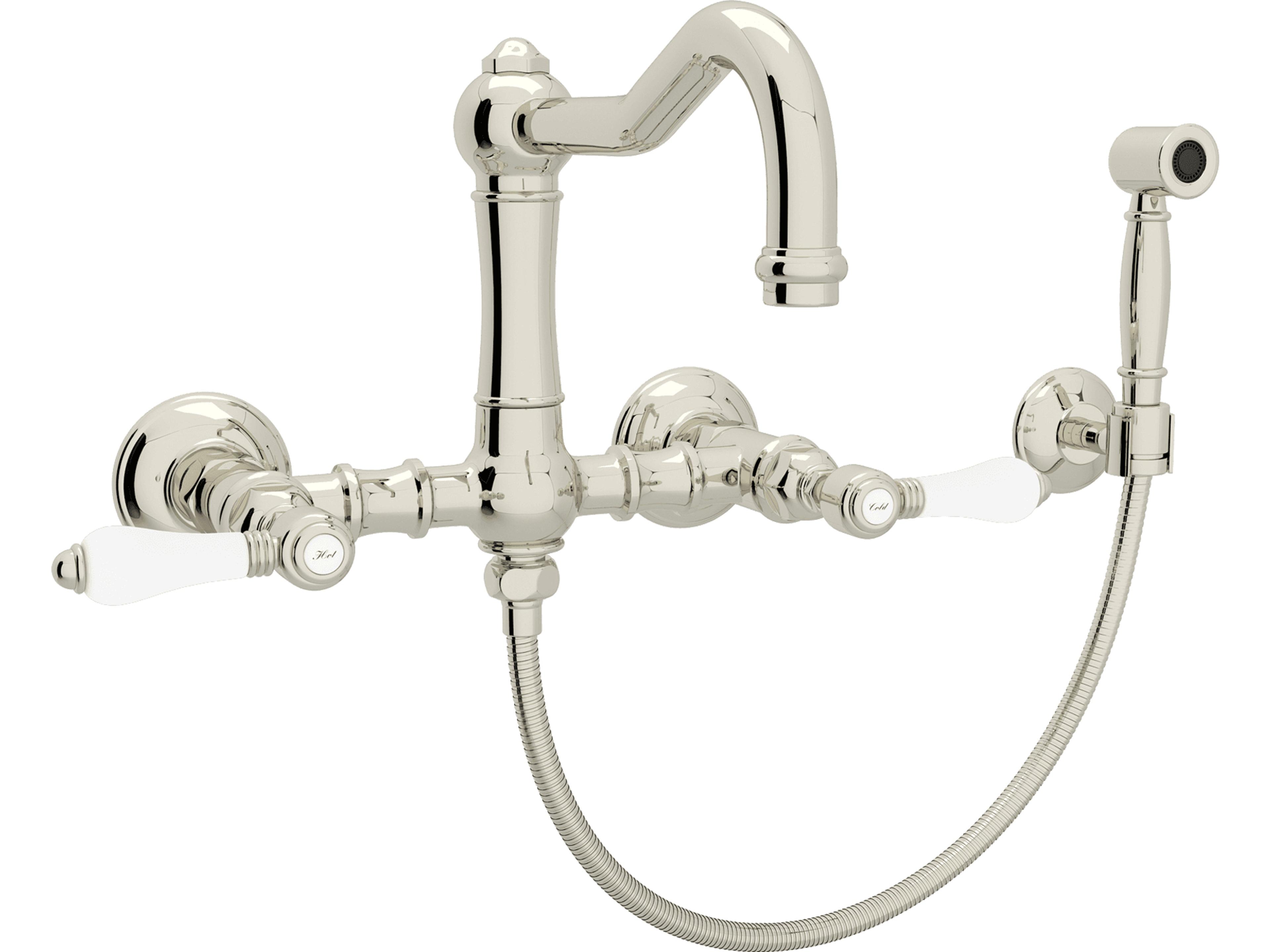 Acqui Italian Kitchen Wall Mounted Bridge Faucet With Sidespray Porcelain Levers And Swiveling Column Spout In Polished Nickel