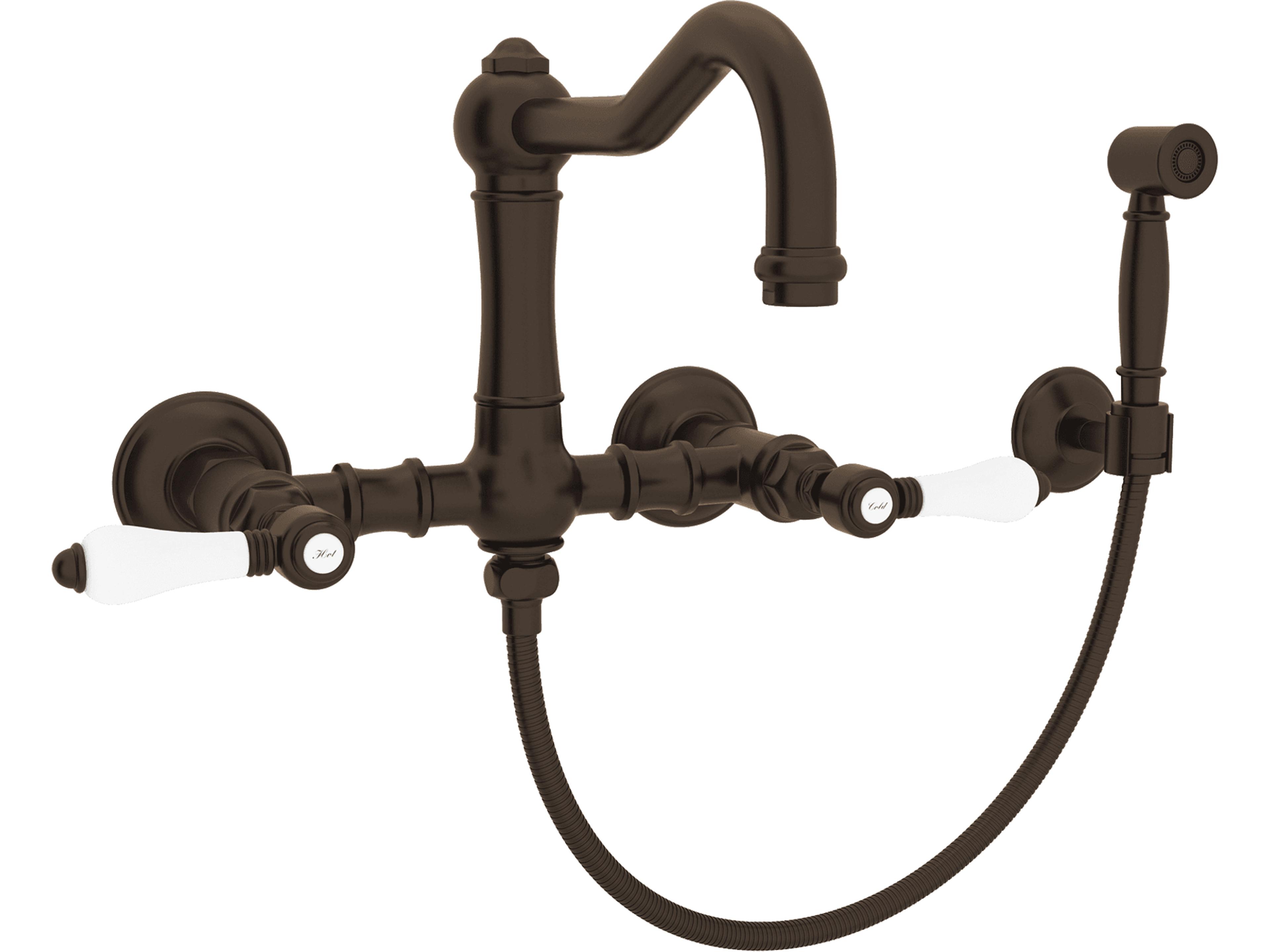 Acqui Italian Kitchen Wall Mounted Bridge Faucet With Sidespray Porcelain Levers And Swiveling Column Spout In Tuscan Brass