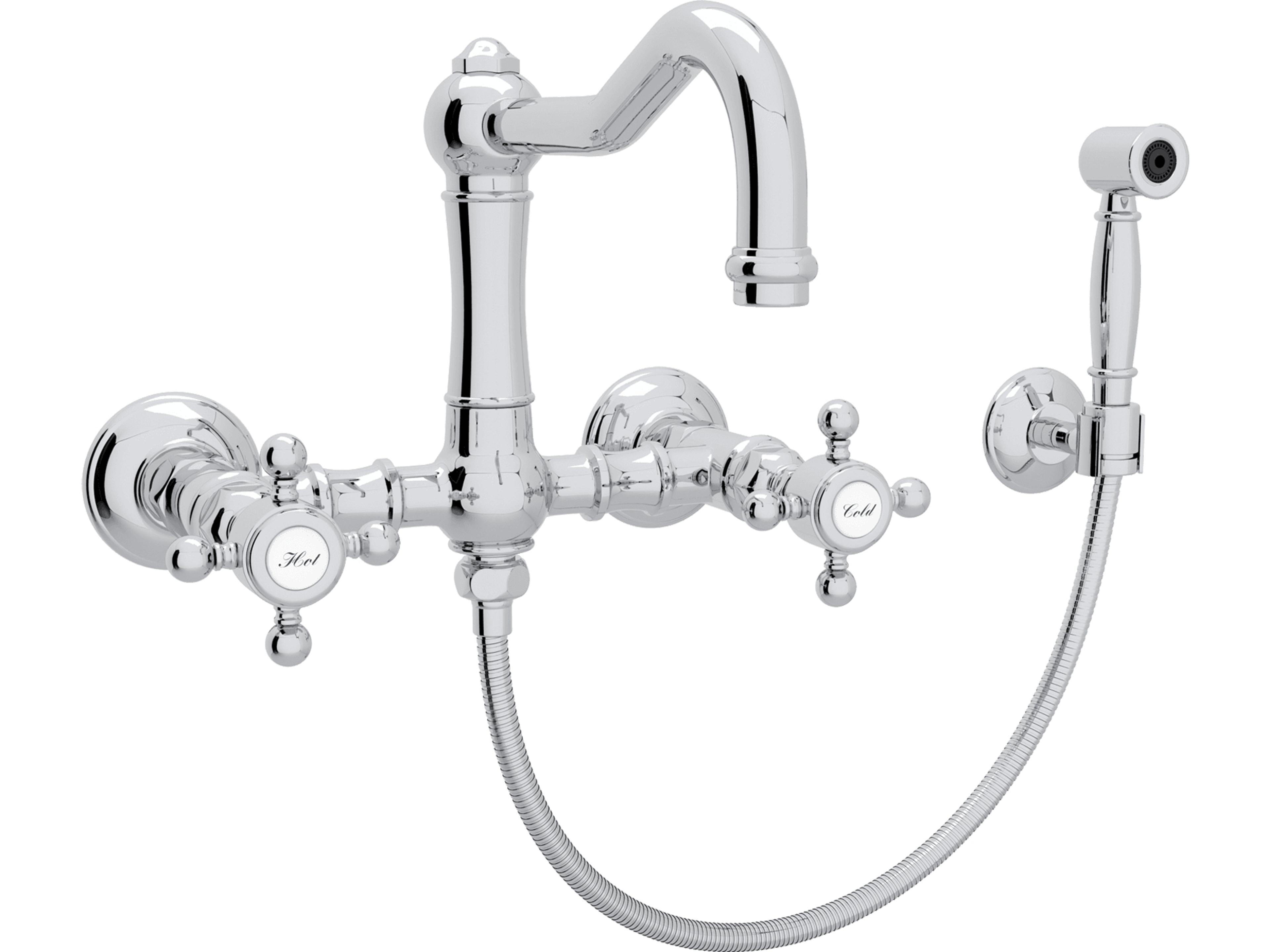 Acqui Italian Kitchen Wall Mounted Bridge Faucet With Sidespray Cross Handles And Swiveling Column Spout In Polished Chrome