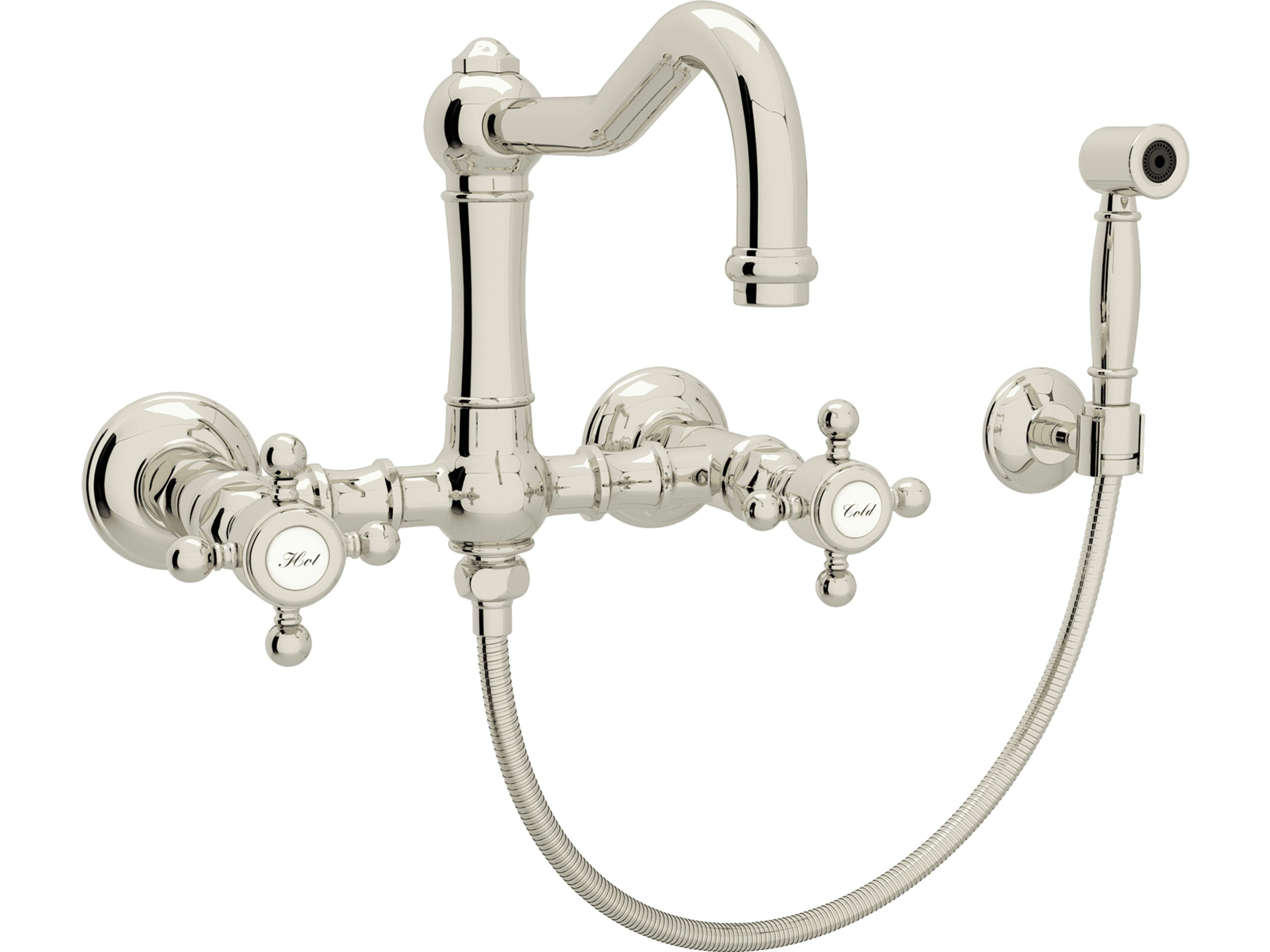Acqui Italian Kitchen Wall Mounted Bridge Faucet With Sidespray Cross Handles And Swiveling Column Spout In Polished Nickel