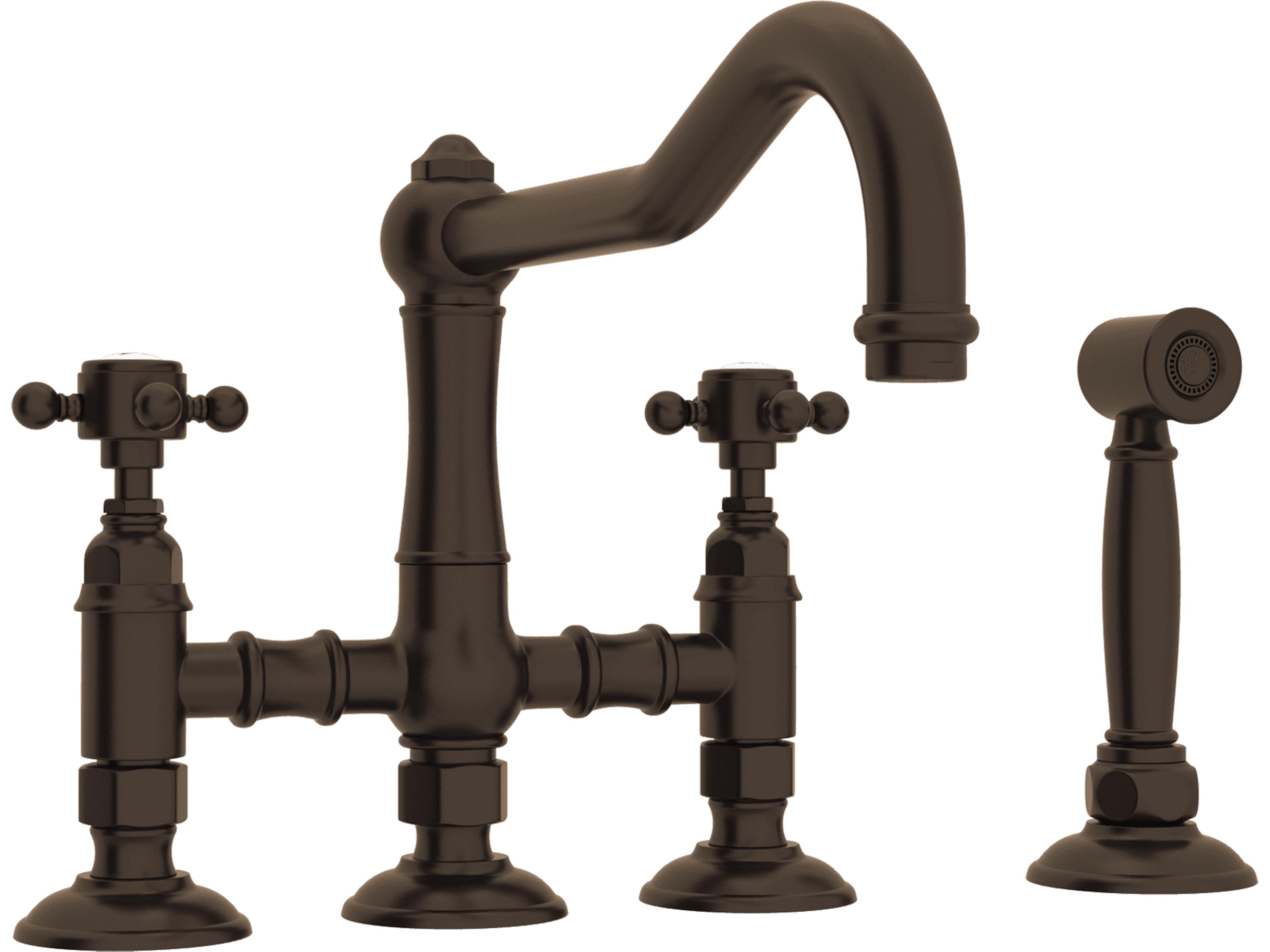 Acqui Italian Kitchen Three Leg Bridge Faucet With Cross Handles Sidespray And 9 Reach Column Spout In Tuscan Brass