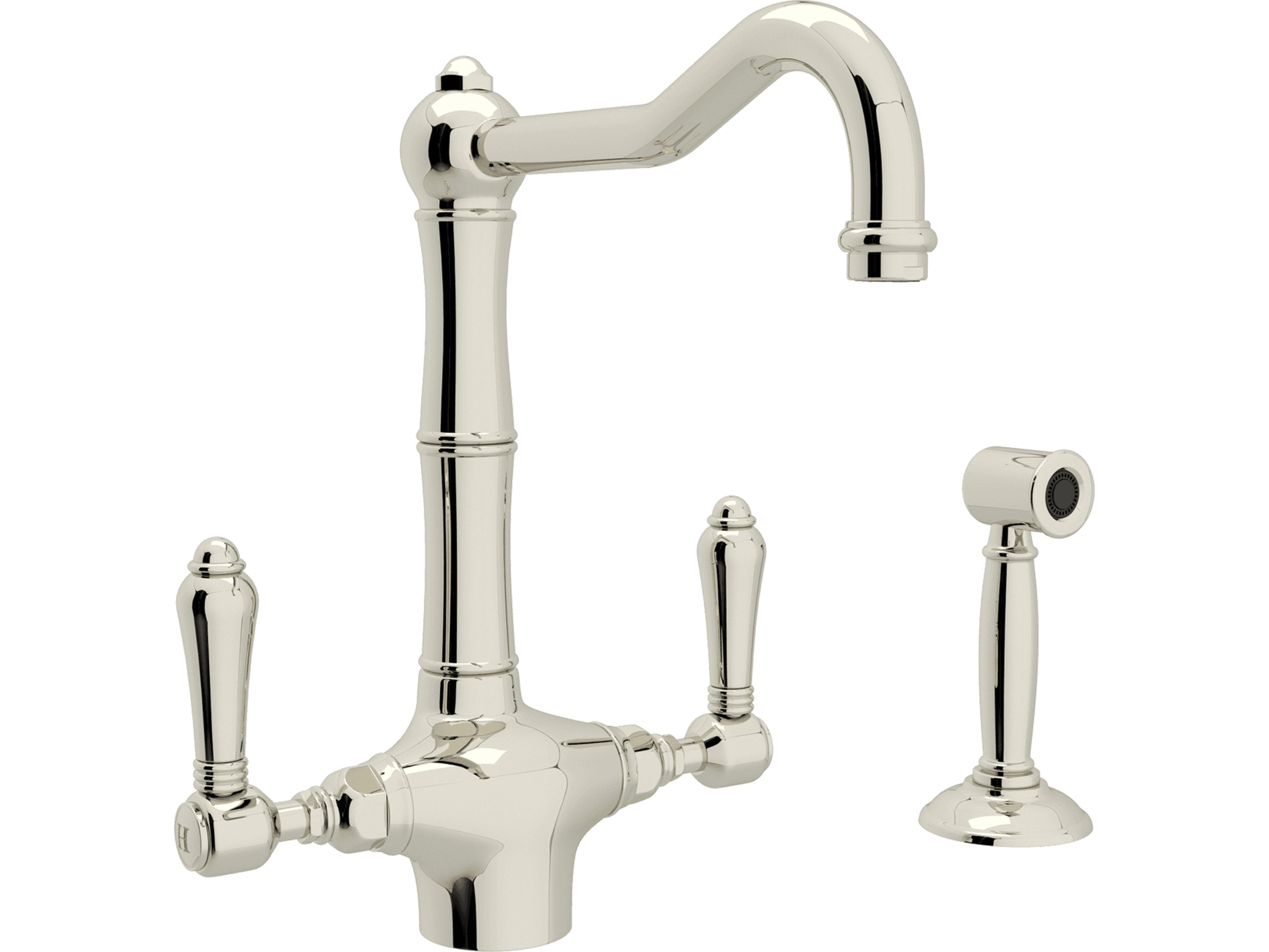 Acqui Italian Kitchen Single Hole Faucet In Polished Nickel With Metal Levers Sidespray And Column Spout
