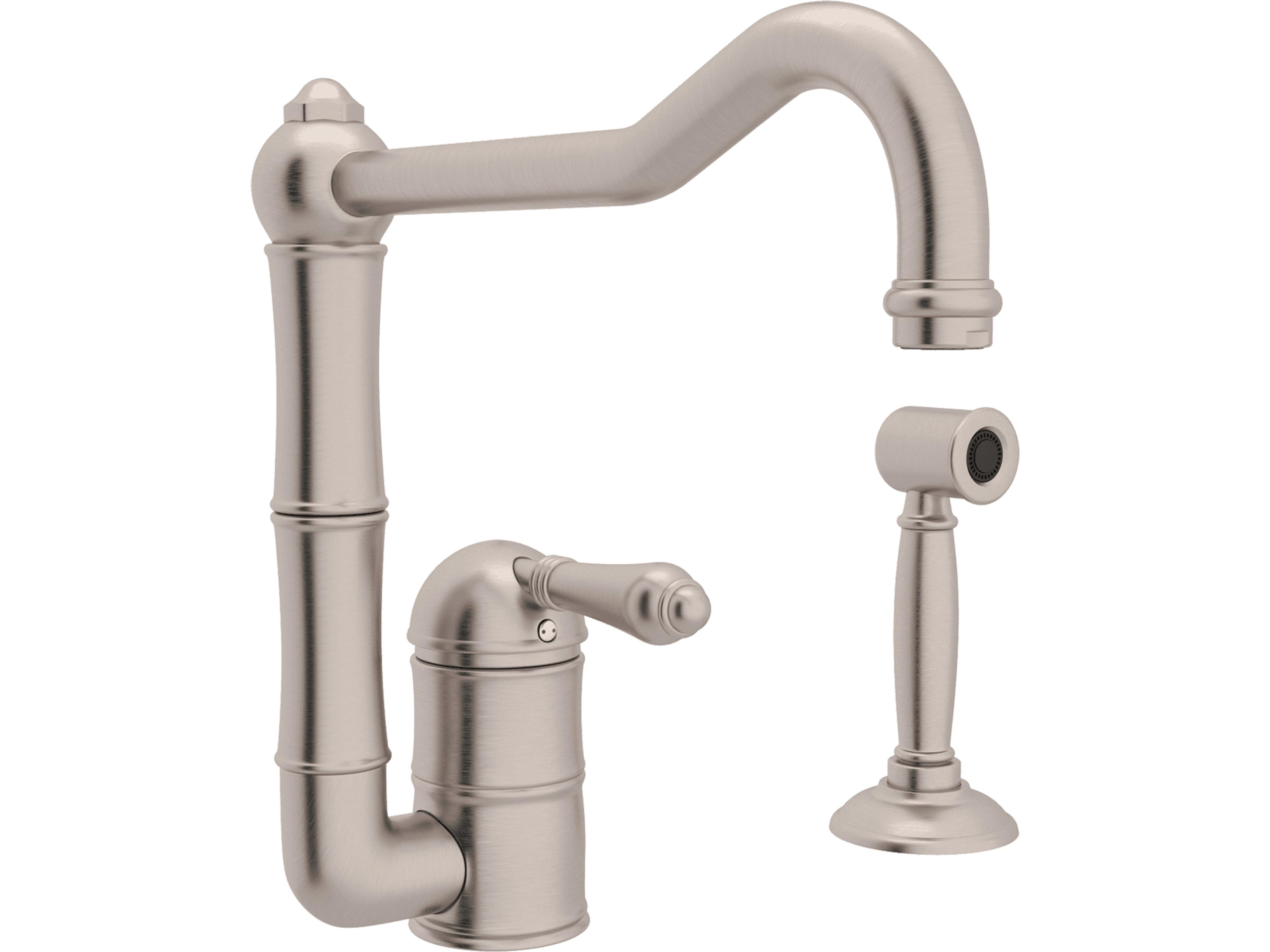 Acqui Italian Kitchen Single Hole Faucet In Satin Nickel With Single Metal Lever Sidespray And Column Spout