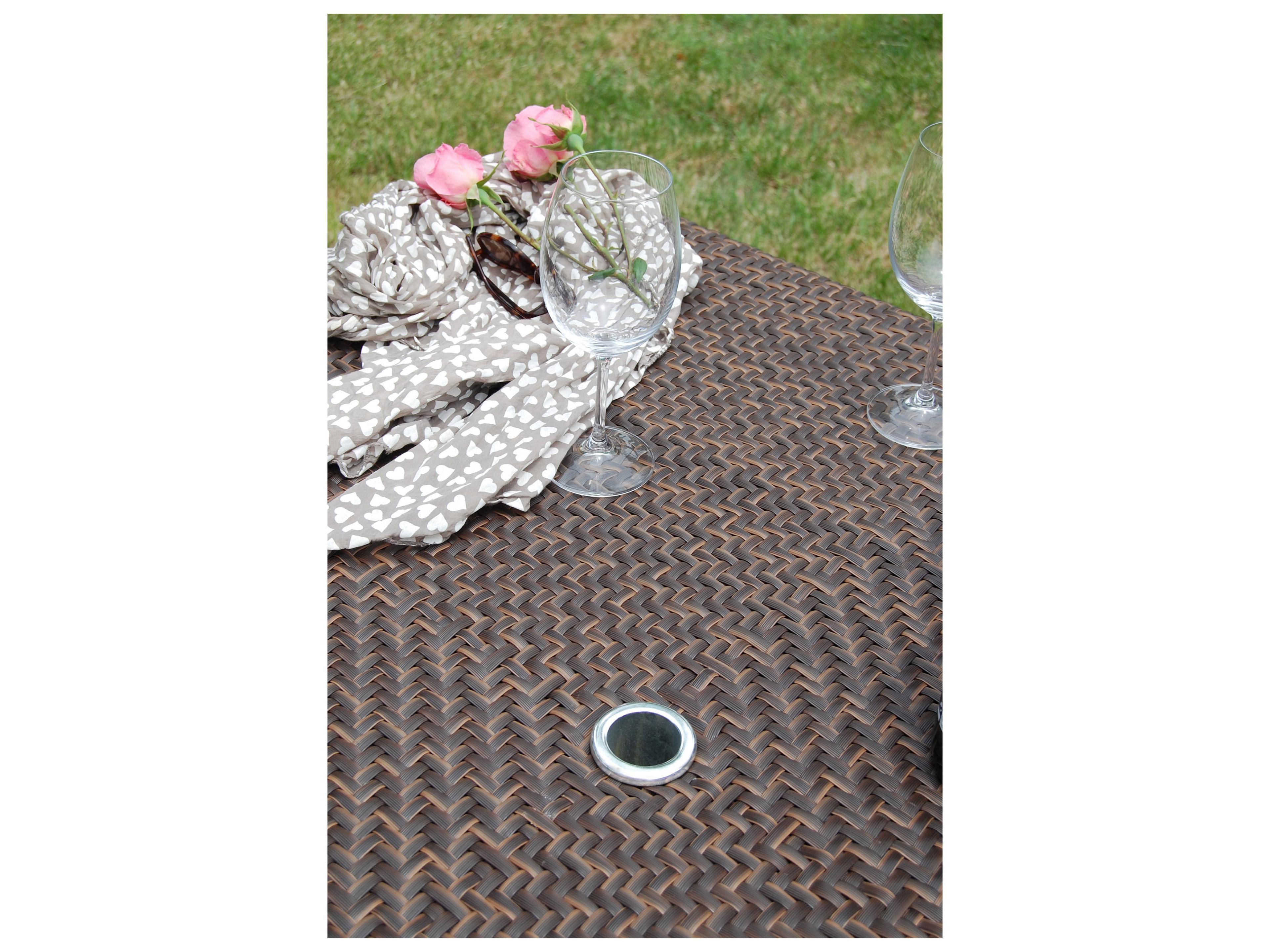 Hospitality Rattan Outdoor Soho Java Brown Wicker Square Glass Top Dining Table with Umbrella Hole