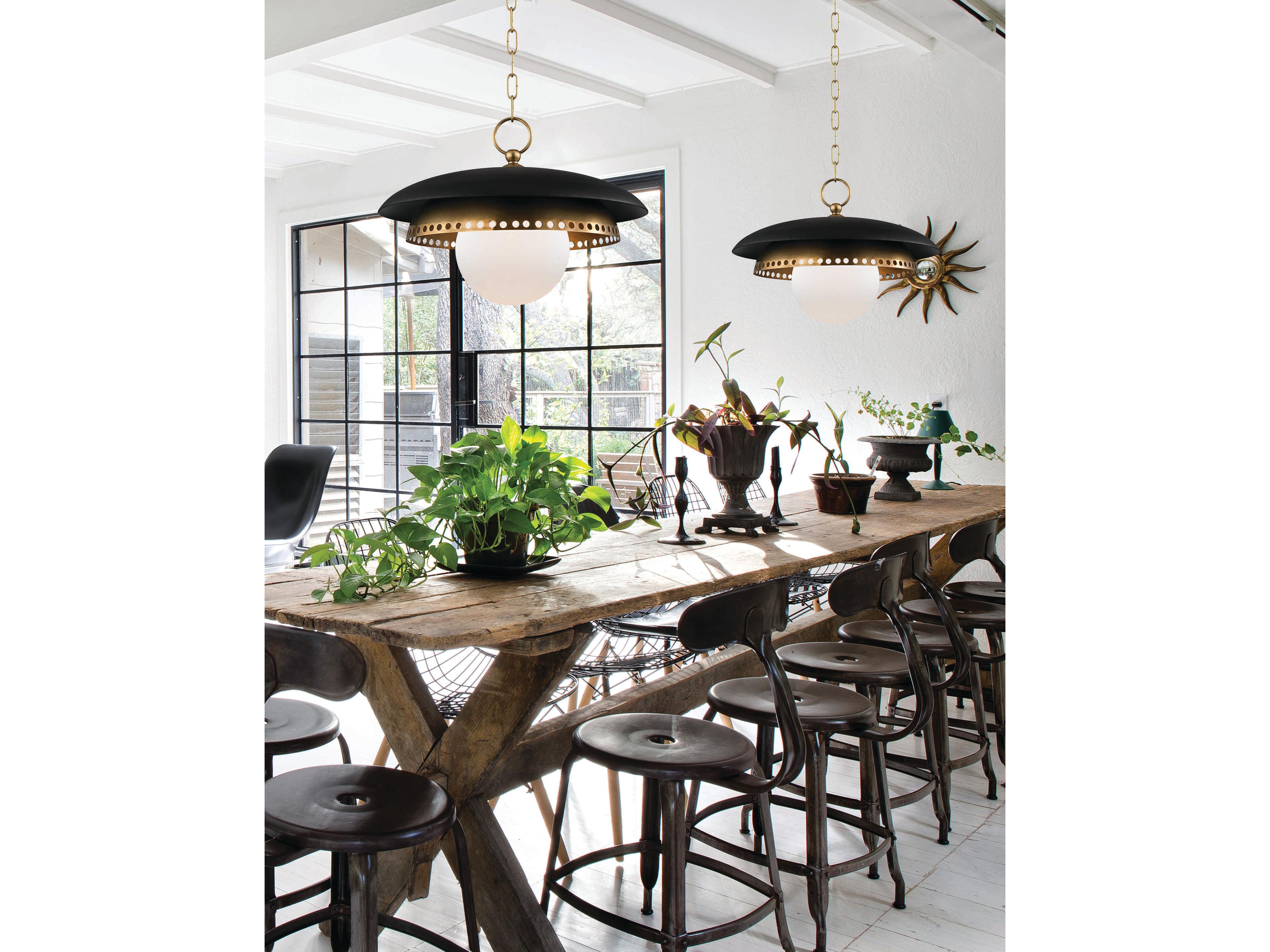 Hudson Valley Herkimer 1-Light Aged Brass Black Glass Globe Round Pendant