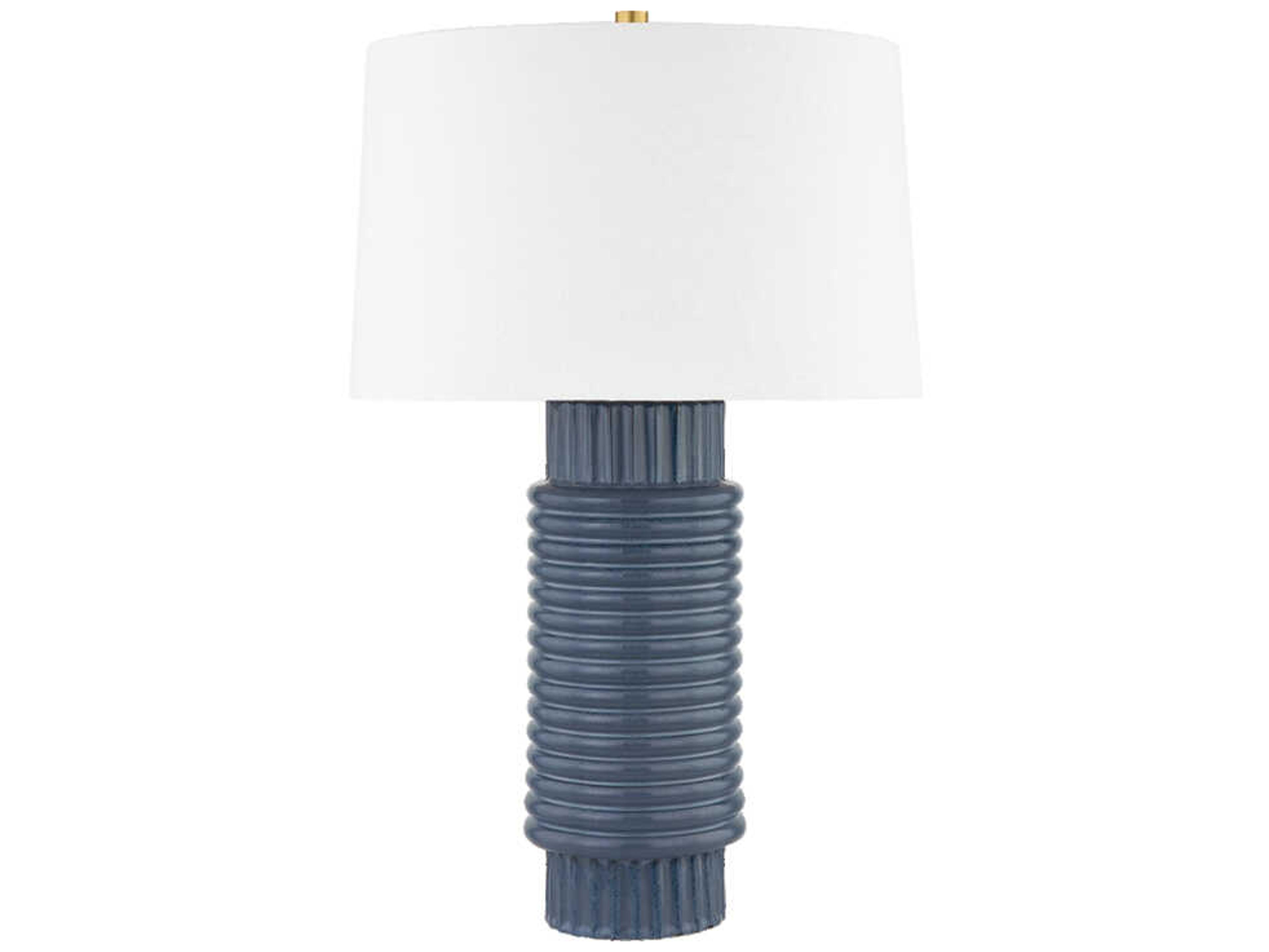Broderick Aged Brass Grey Blue Reactive Ceramic White Linen Buffet Lamp