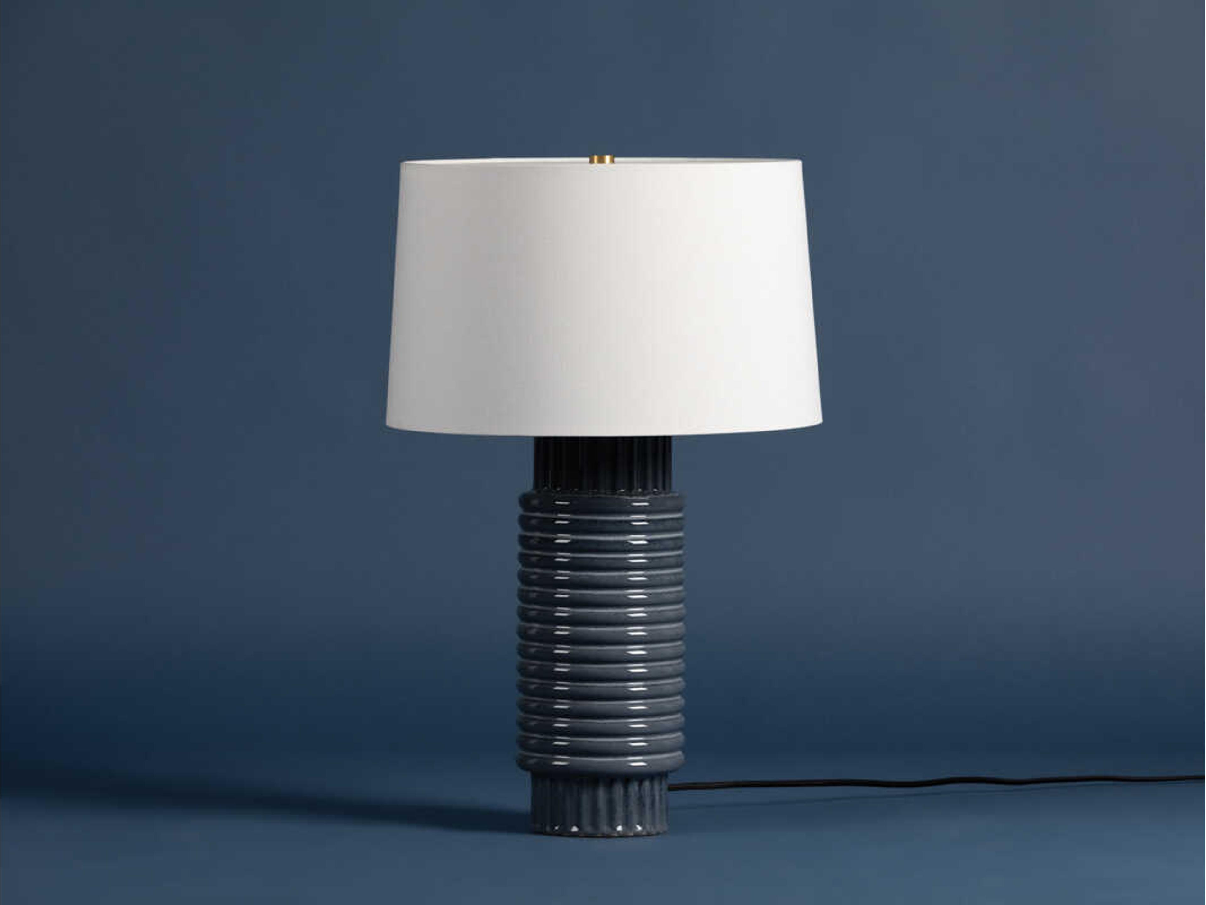 Hudson Valley Broderick Aged Brass Grey Blue Reactive Ceramic White Linen Buffet Lamp