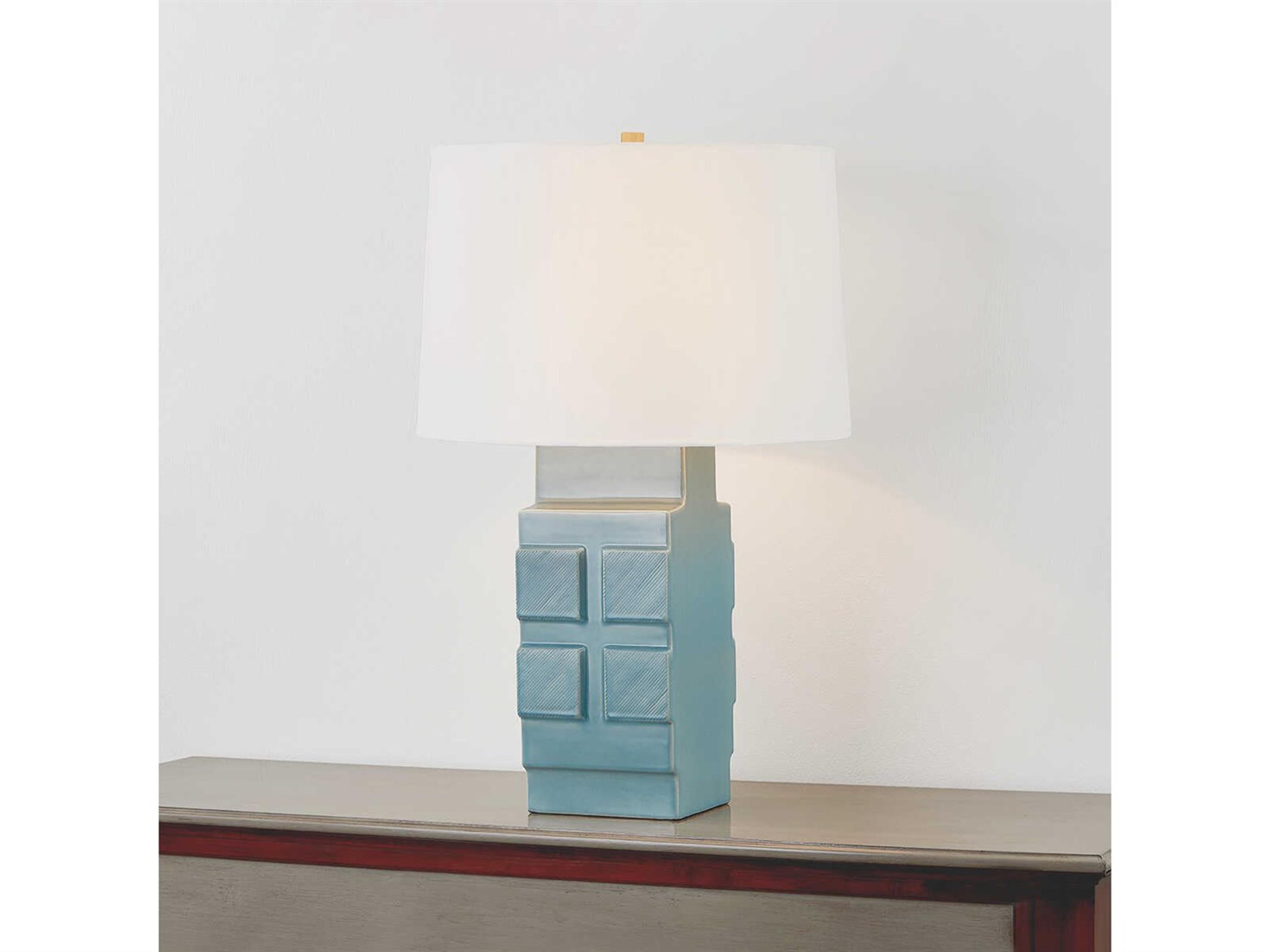 Hudson Valley Sarai Aged Brass Ceramic Moonstone Granite White Linen Blue Buffet Lamp