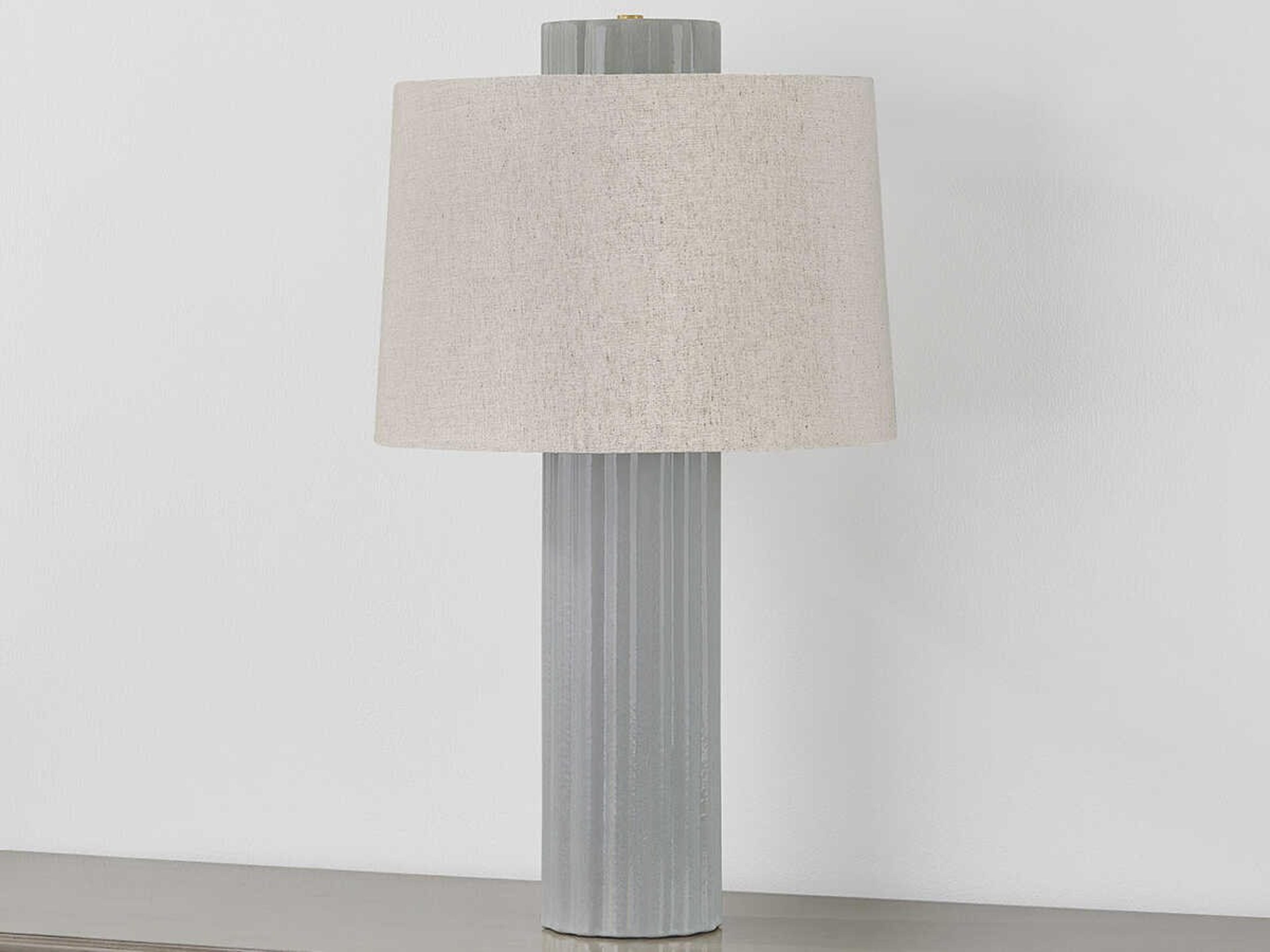 Hudson Valley Manchester Aged Brass Ceramic Shell Grey Natural Linen Fabric Buffet Lamp