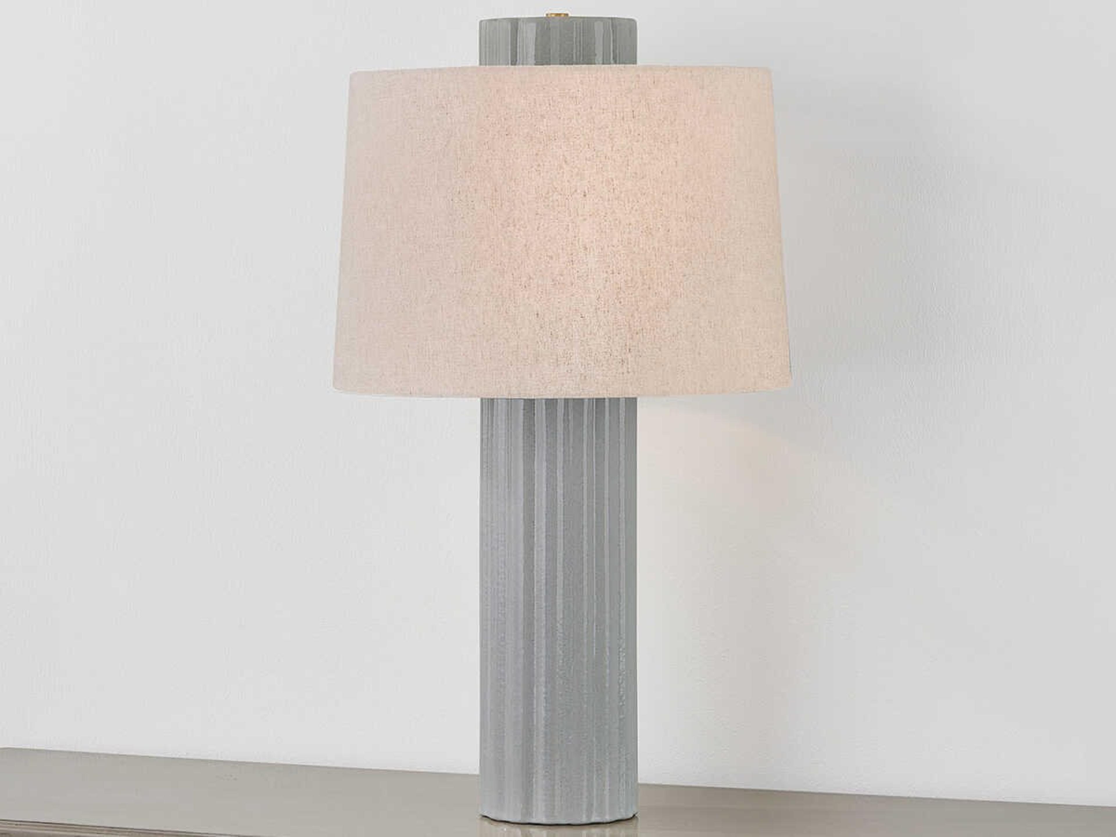 Hudson Valley Manchester Aged Brass Ceramic Shell Grey Natural Linen Fabric Buffet Lamp