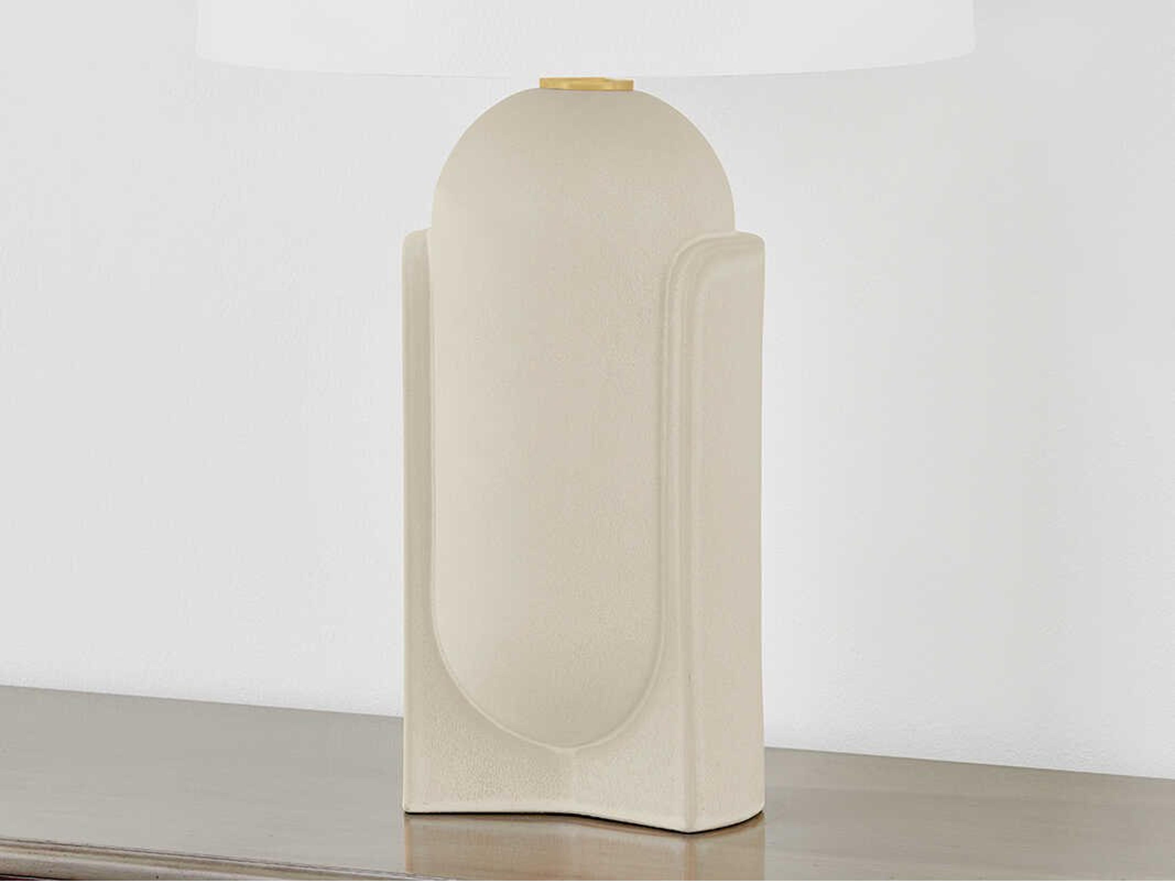 Hudson Valley Leeston Aged Brass Ceramic Moonstone Sand White Linen Off Buffet Lamp