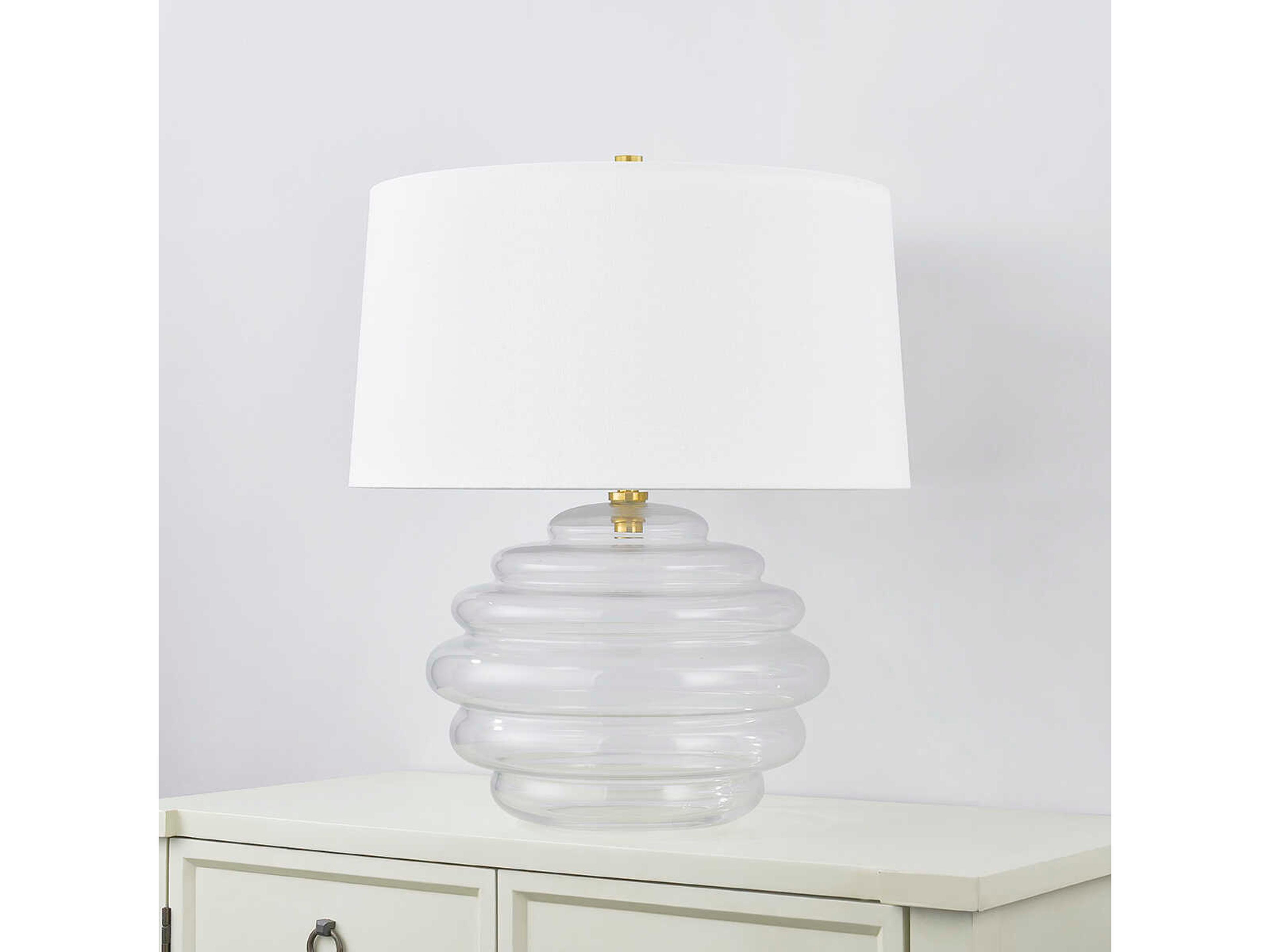 Hudson Valley Oshawa Aged Brass White Linen Clear Table Lamp