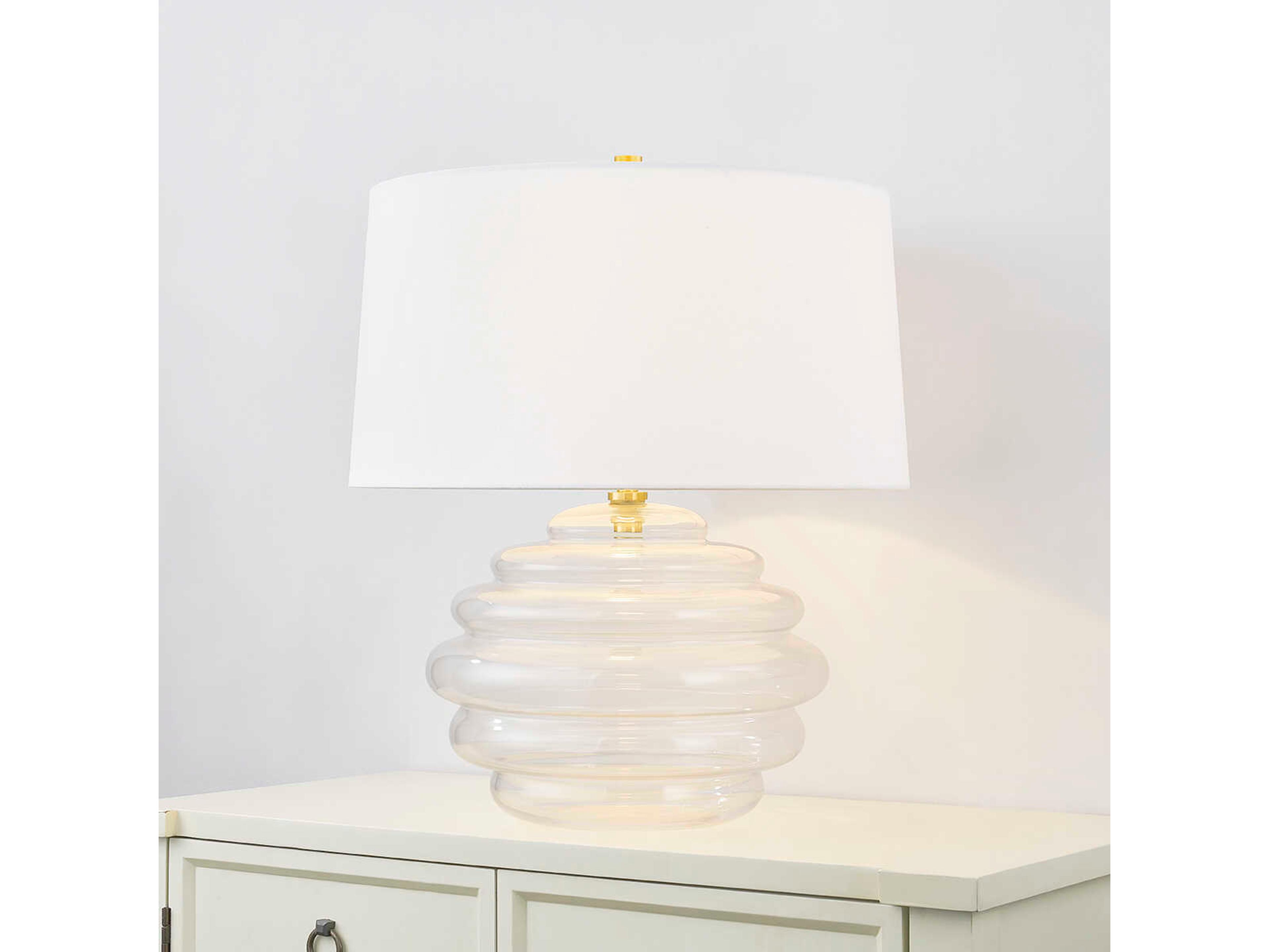 Hudson Valley Oshawa Aged Brass White Linen Clear Table Lamp
