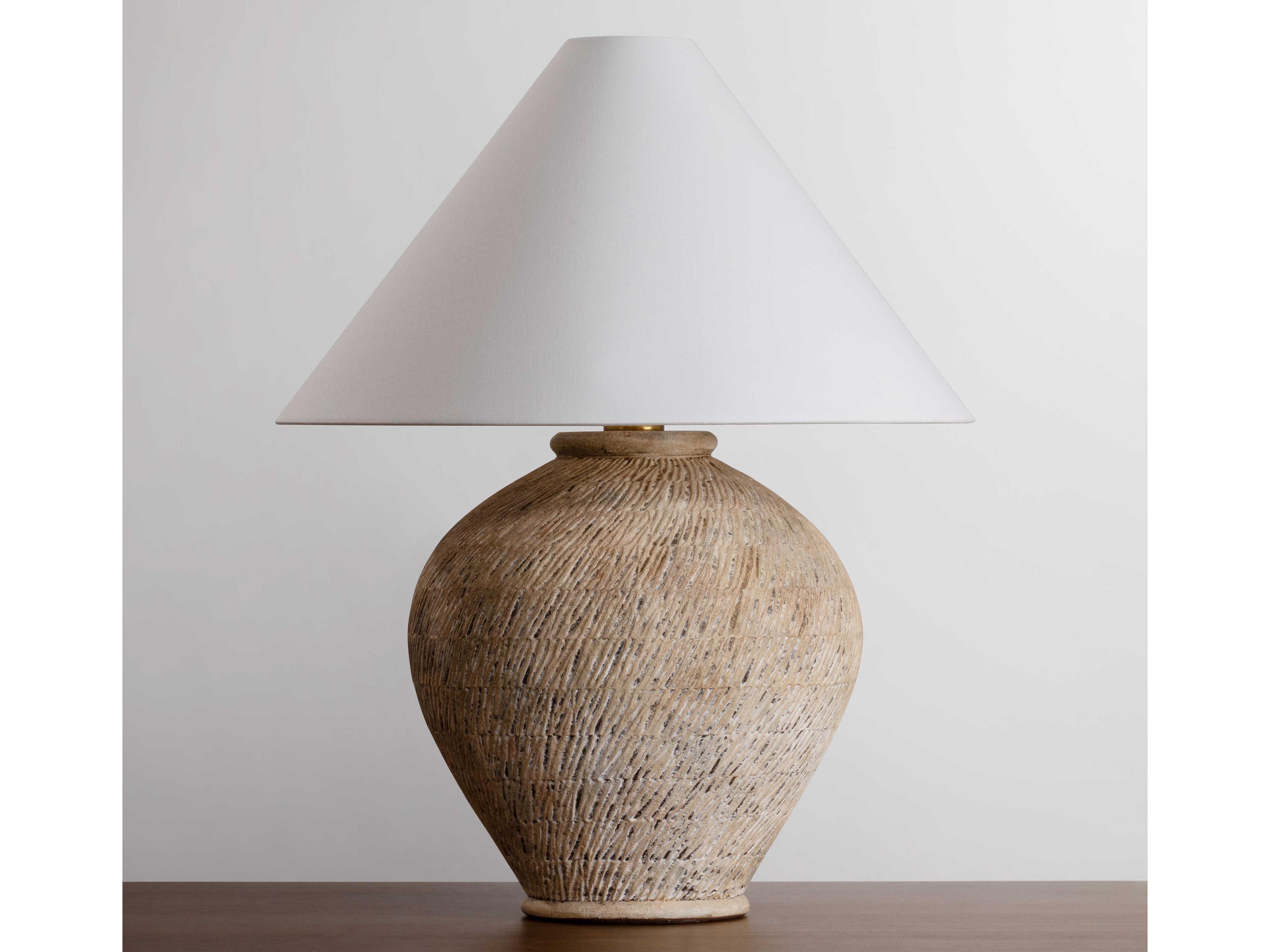 Hudson Valley Rumbrook Aged Brass Ceramic Ancient Texture White Linen Brown Buffet Lamp