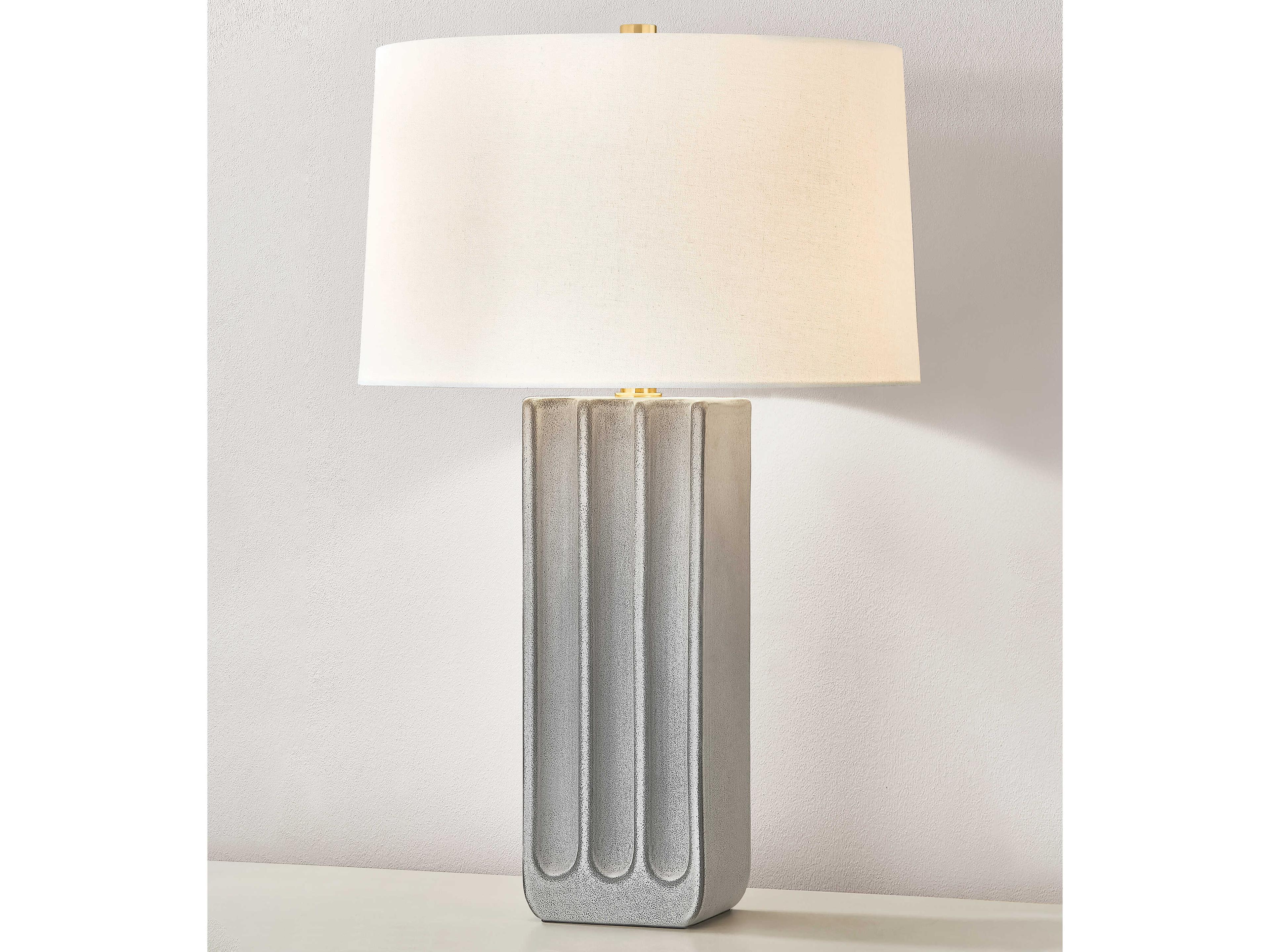 Hudson Valley Elmer Aged Brass Ceramic Granite White Linen Gray Buffet Lamp