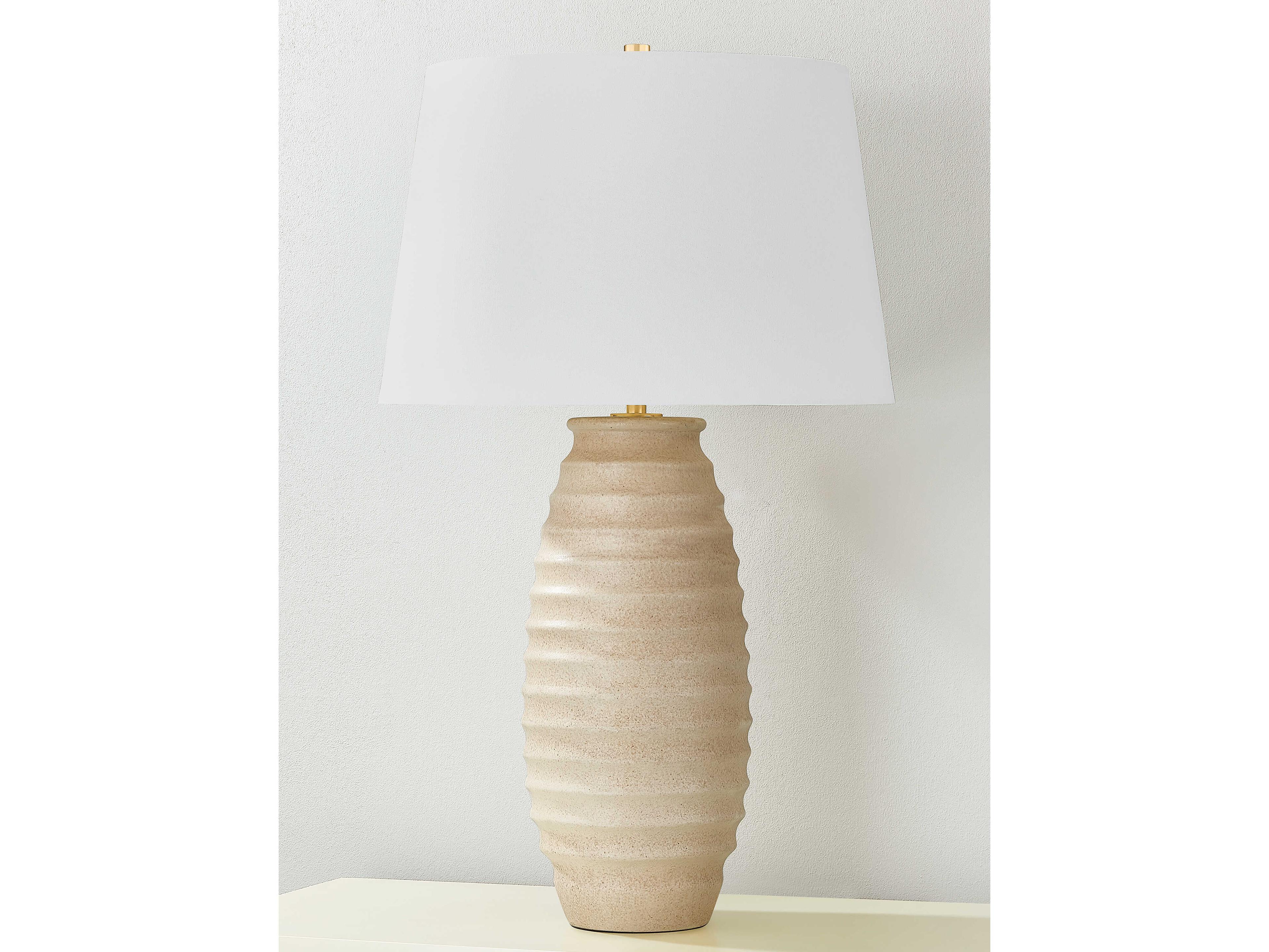 Hudson Valley Haddam Aged Brass Ceramic Textured Fawn White Linen Brown Buffet Lamp