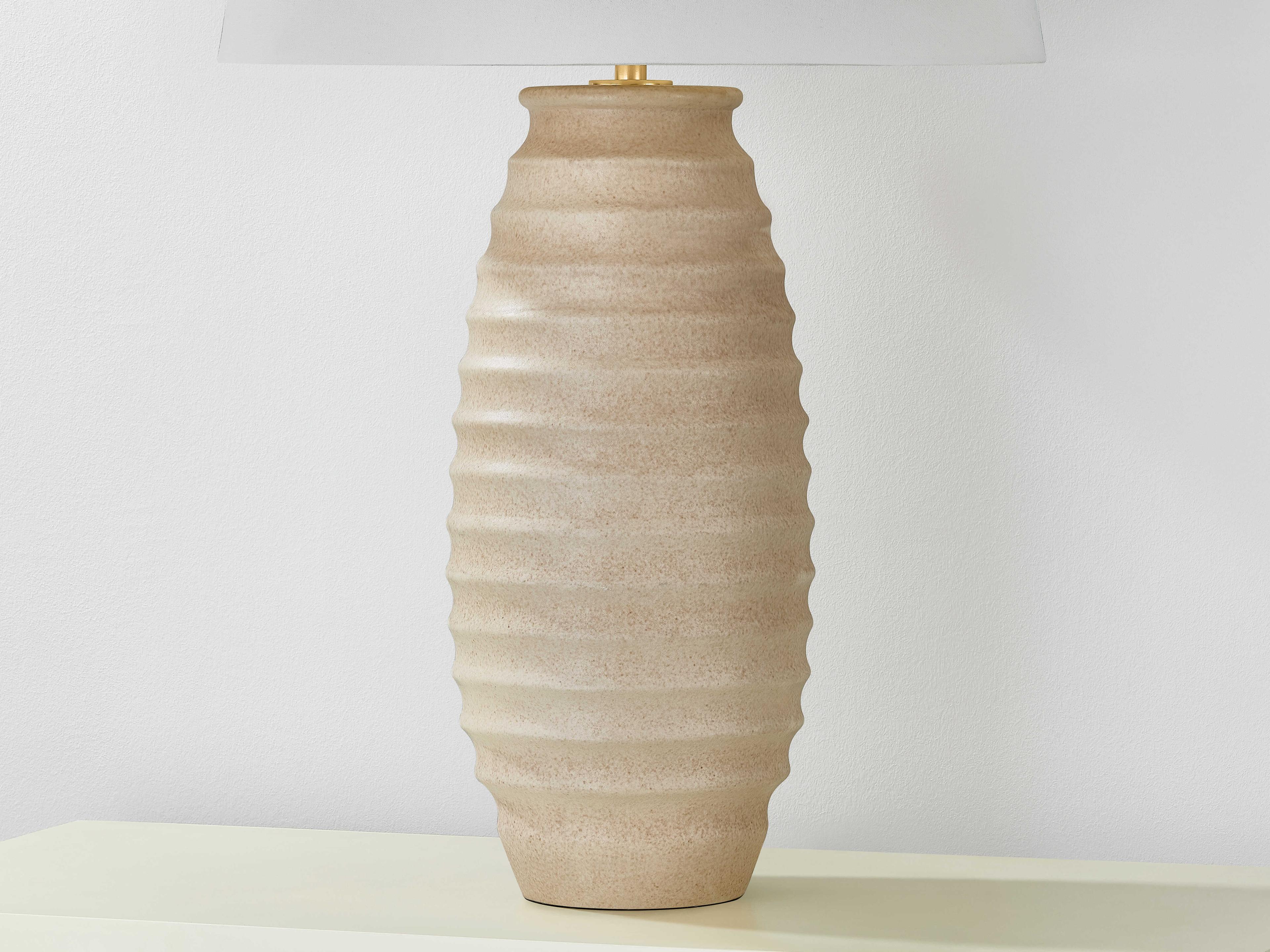 Hudson Valley Haddam Aged Brass Ceramic Textured Fawn White Linen Brown Buffet Lamp