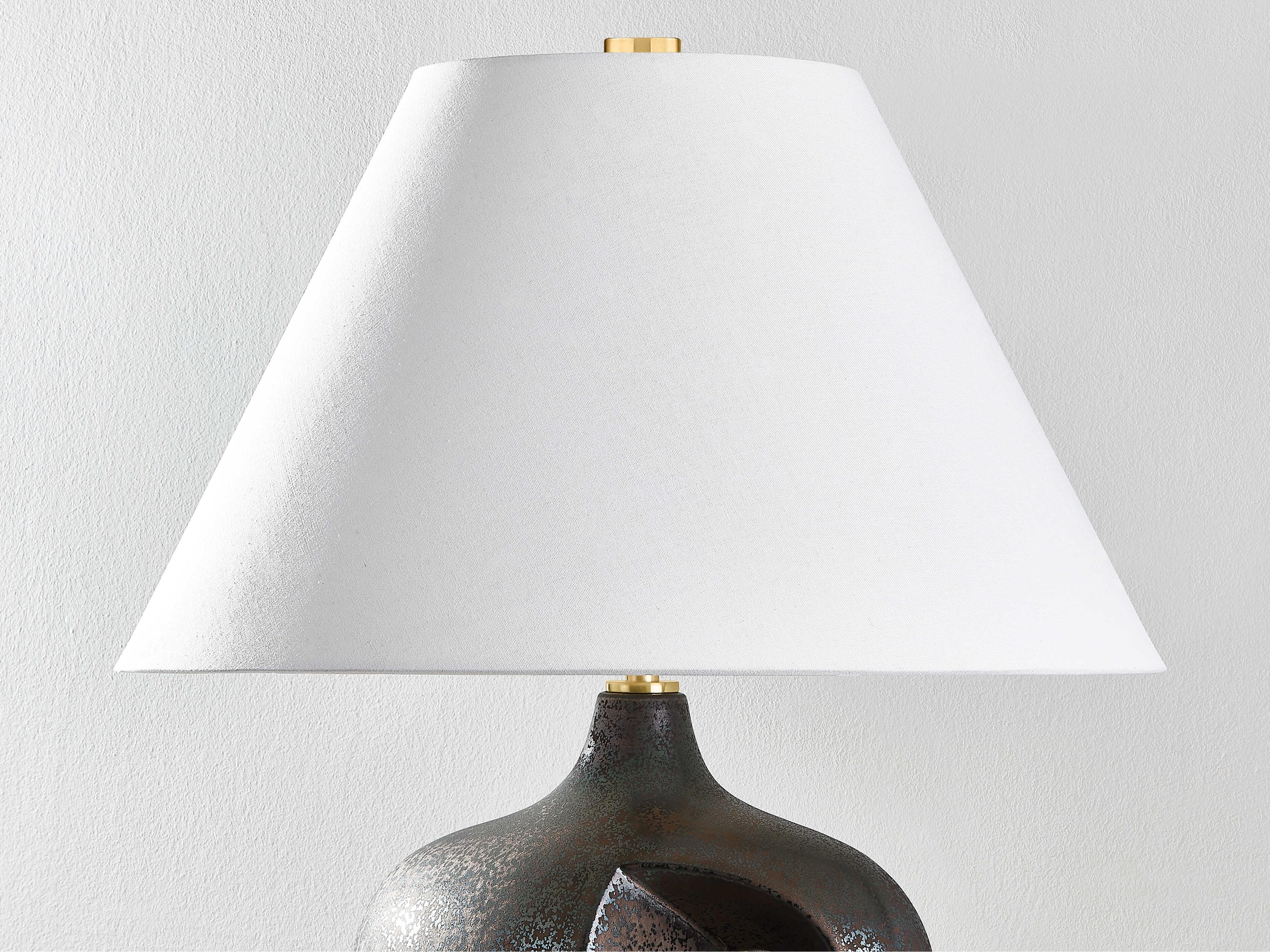 Hudson Valley Avenel Aged Brass Ceramic Reactive Bronze White Linen Table Lamp