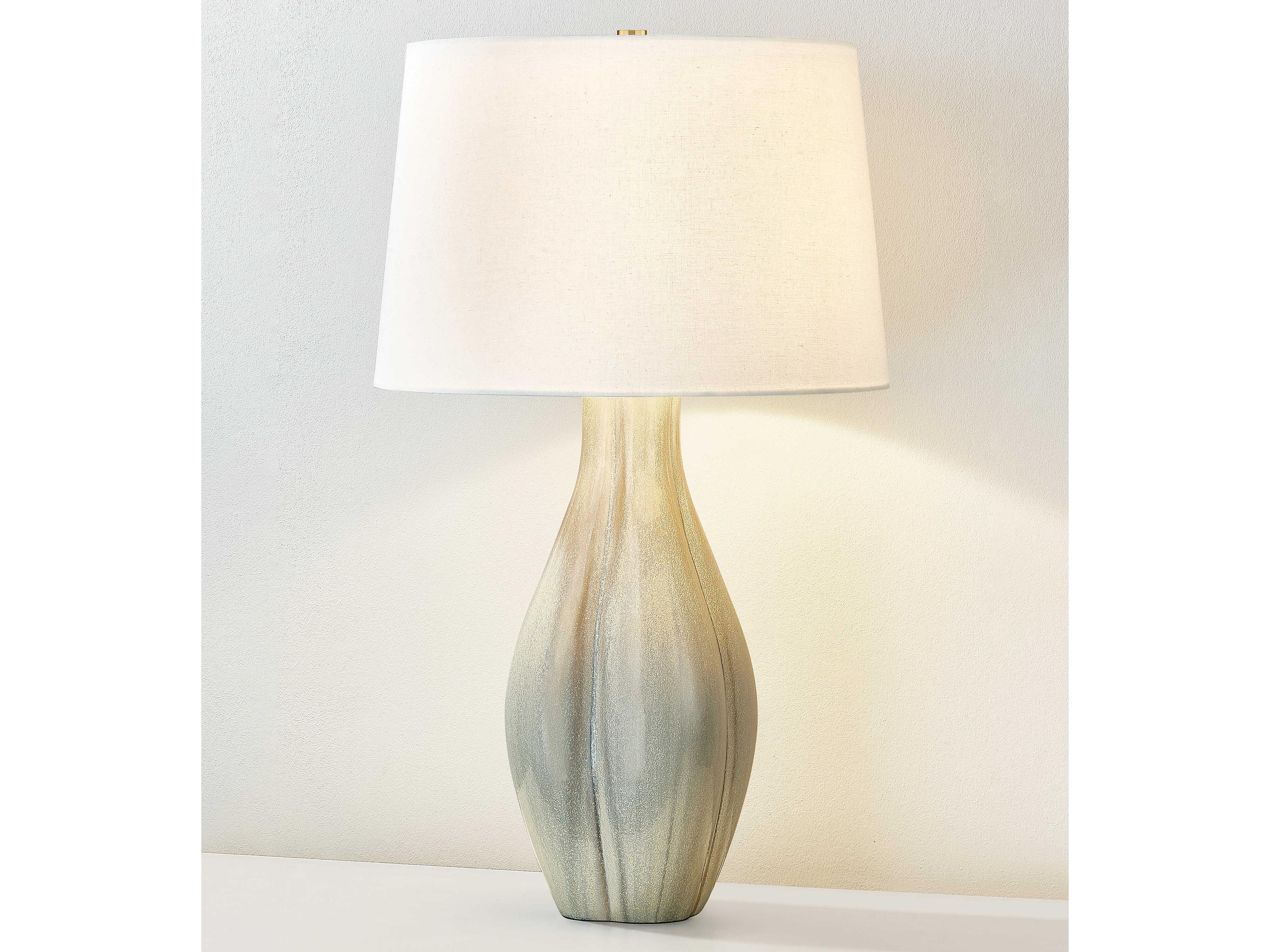 Hudson Valley Galloway Aged Brass Ceramic Coastal Green White Linen Buffet Lamp