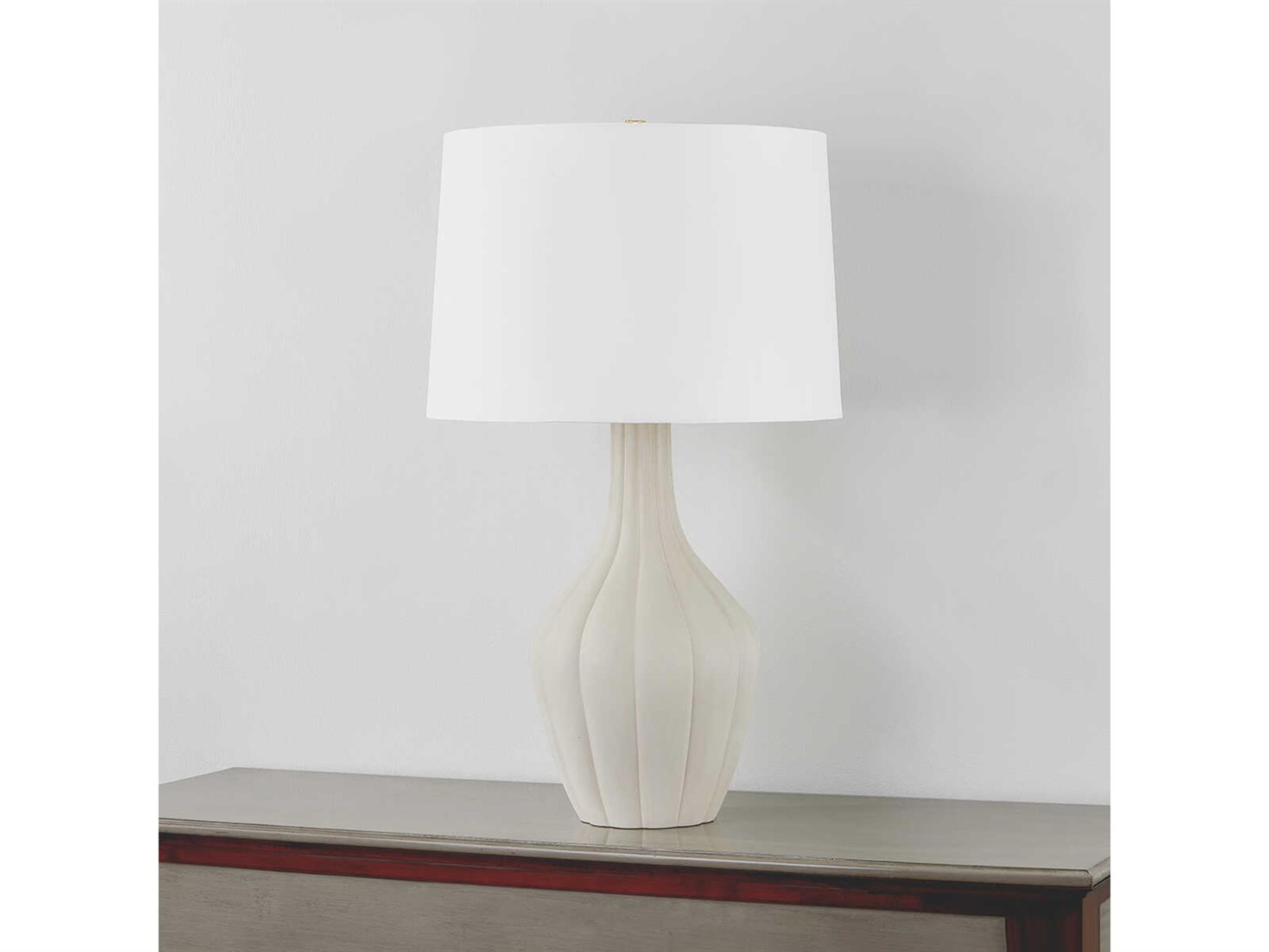 Hudson Valley Glendora Aged Brass Ceramic Misty Morning White Linen Gray Buffet Lamp