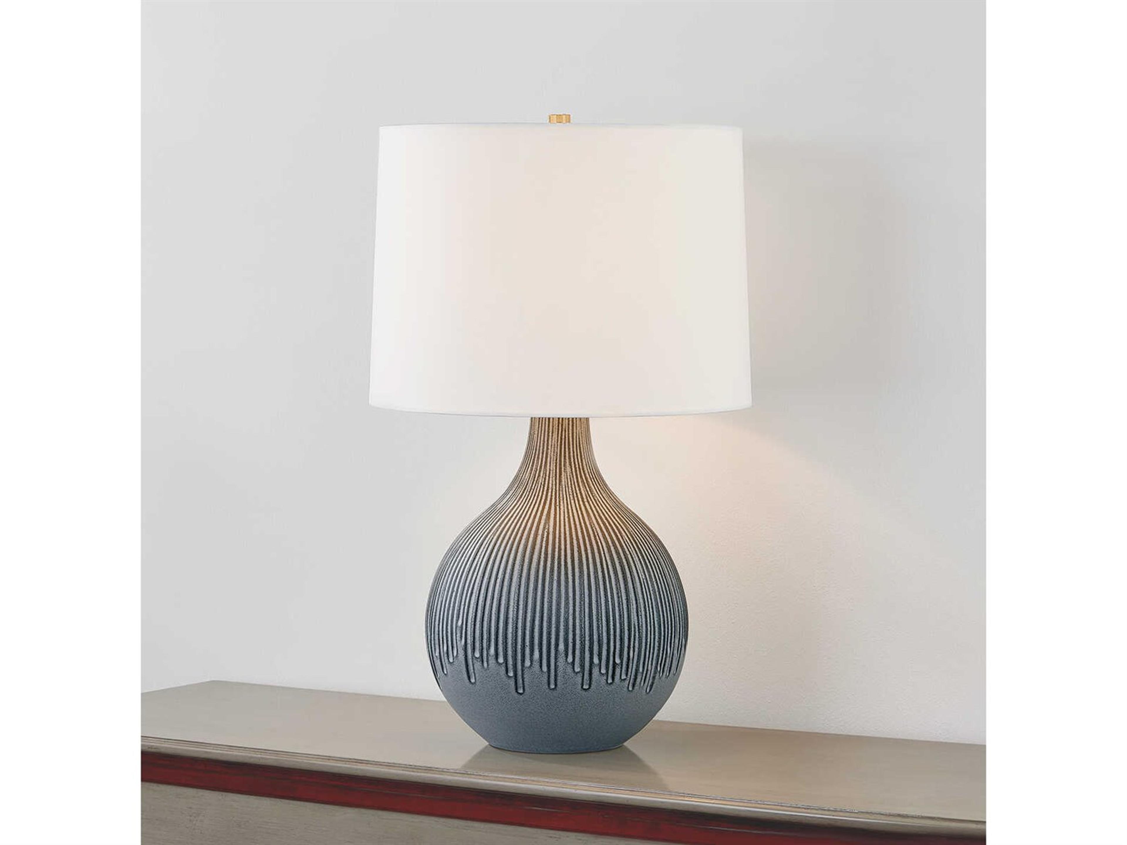 Hudson Valley Nepperhand Aged Brass Ceramic Providence Blue White Linen Buffet Lamp