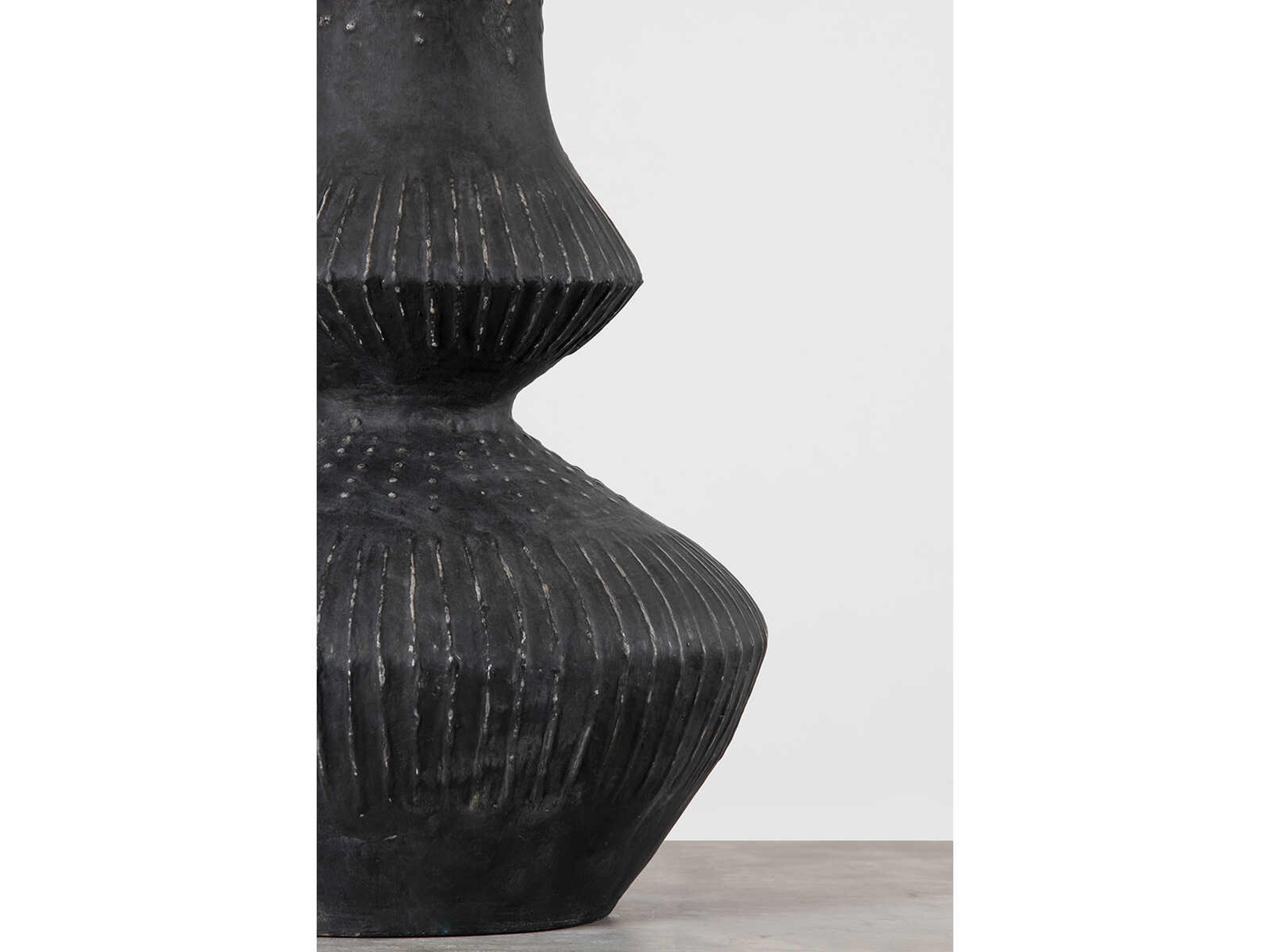 Hudson Valley Ancram Vintage Gold Leaf Ceramic Totem Black White Linen Buffet Lamp