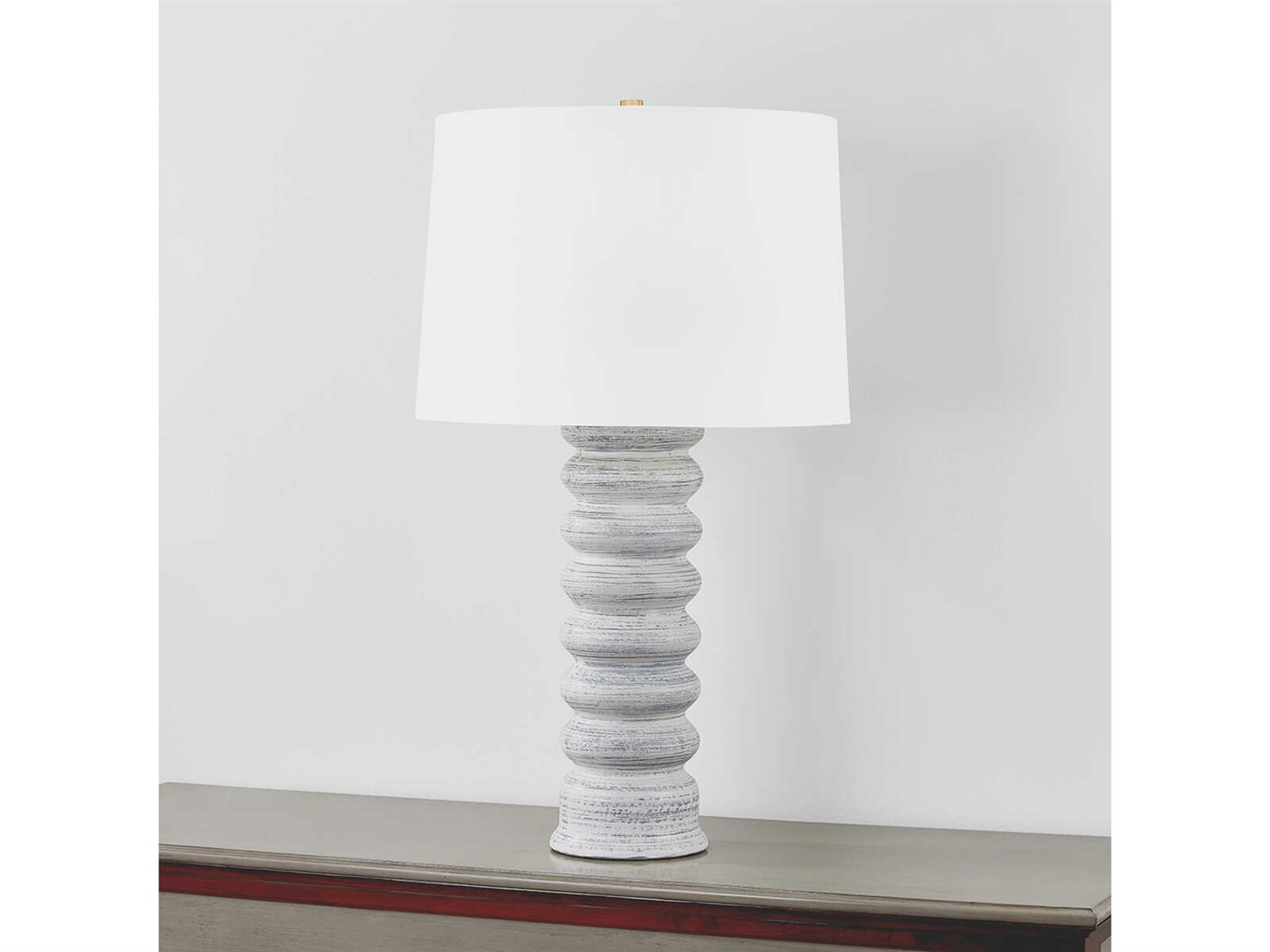 Hudson Valley Harwinton Aged Brass Ceramic Grey White Linen Buffet Lamp