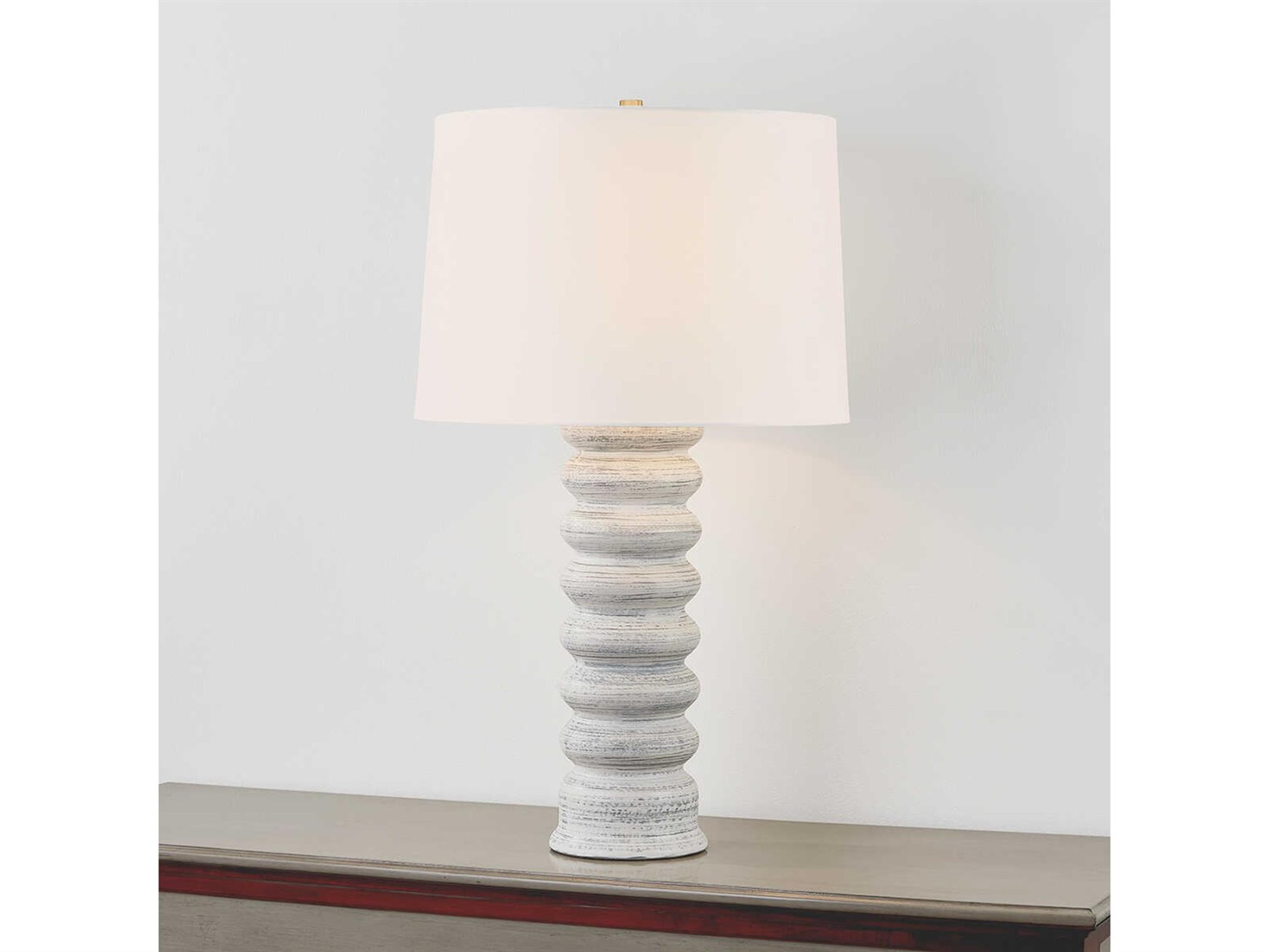 Hudson Valley Harwinton Aged Brass Ceramic Grey White Linen Buffet Lamp