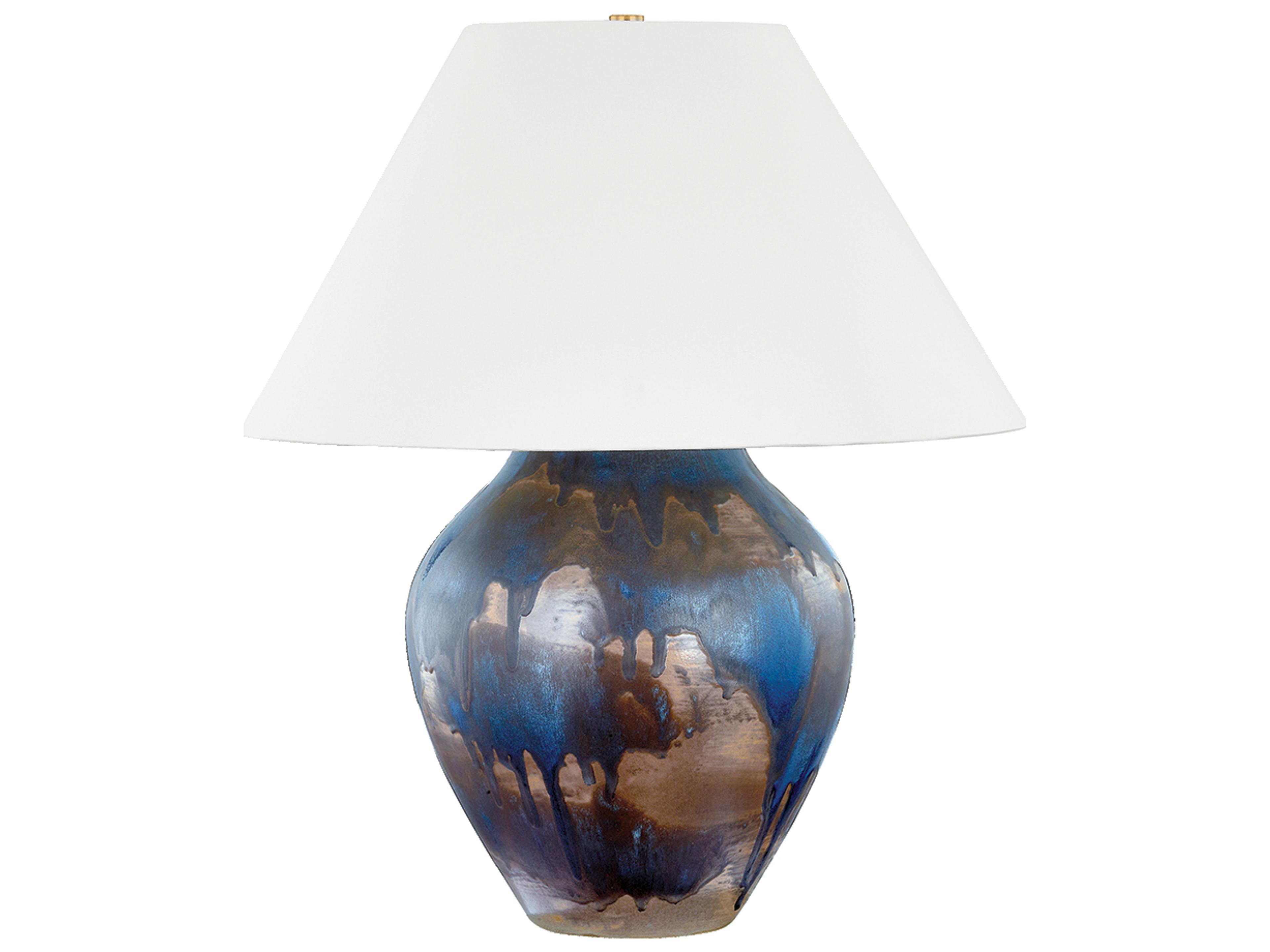 Hudson Valley Pleasantville Aged Brass Ceramic Silt Blue White Linen Buffet Lamp