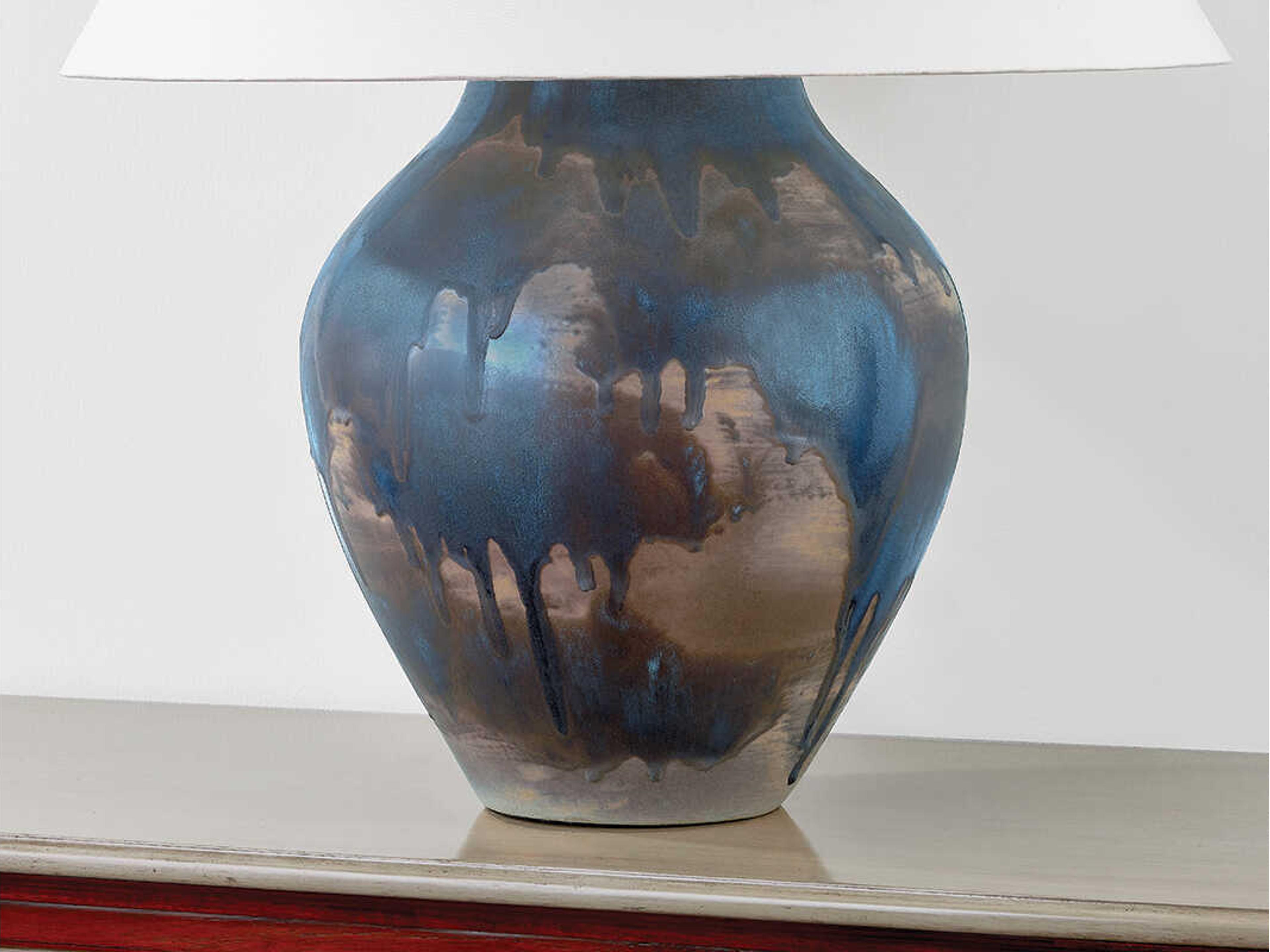 Hudson Valley Pleasantville Aged Brass Ceramic Silt Blue White Linen Buffet Lamp