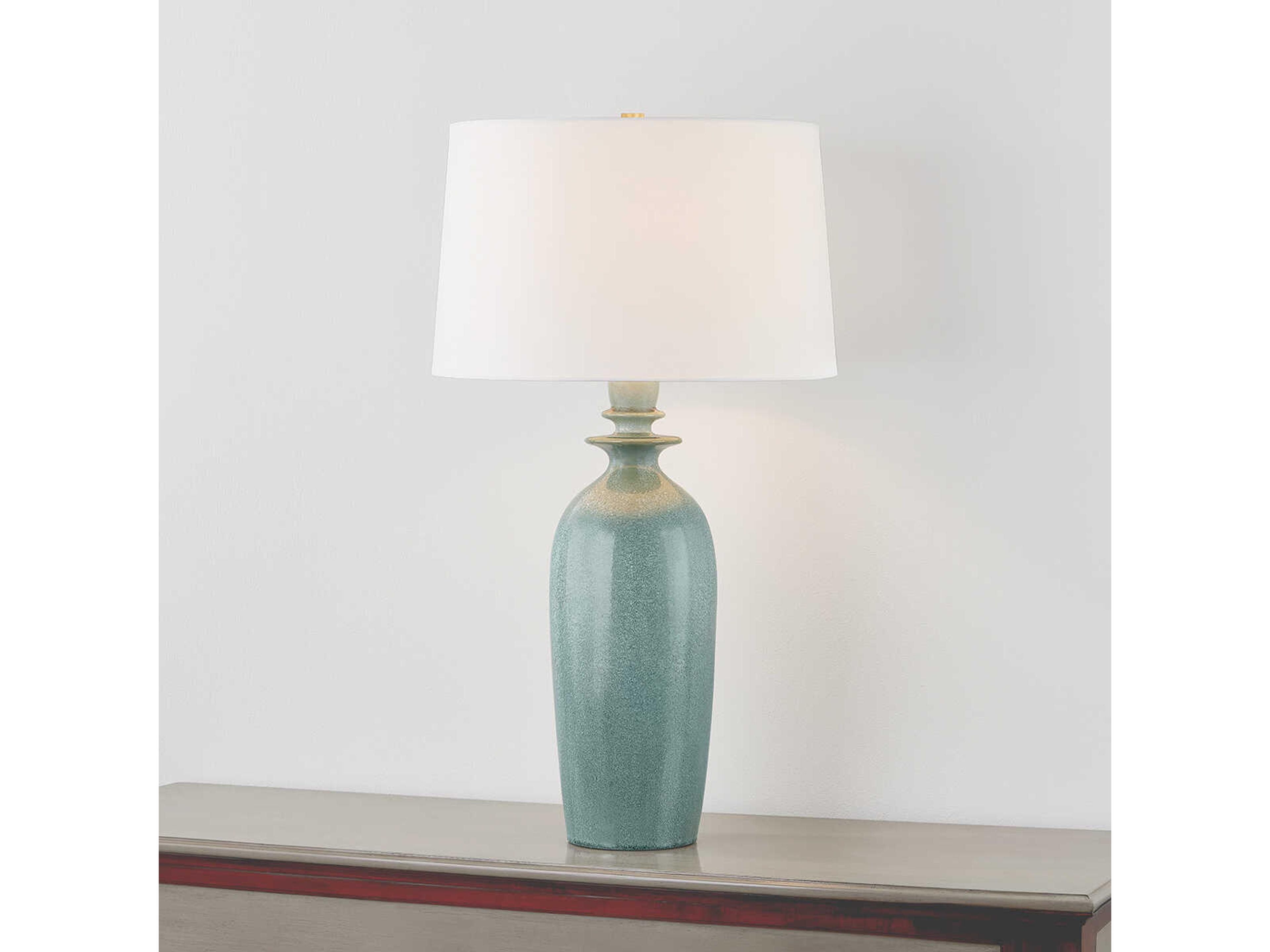Hudson Valley Bellmawr Aged Brass Ceramic Reactive Palladian White Linen Green Buffet Lamp