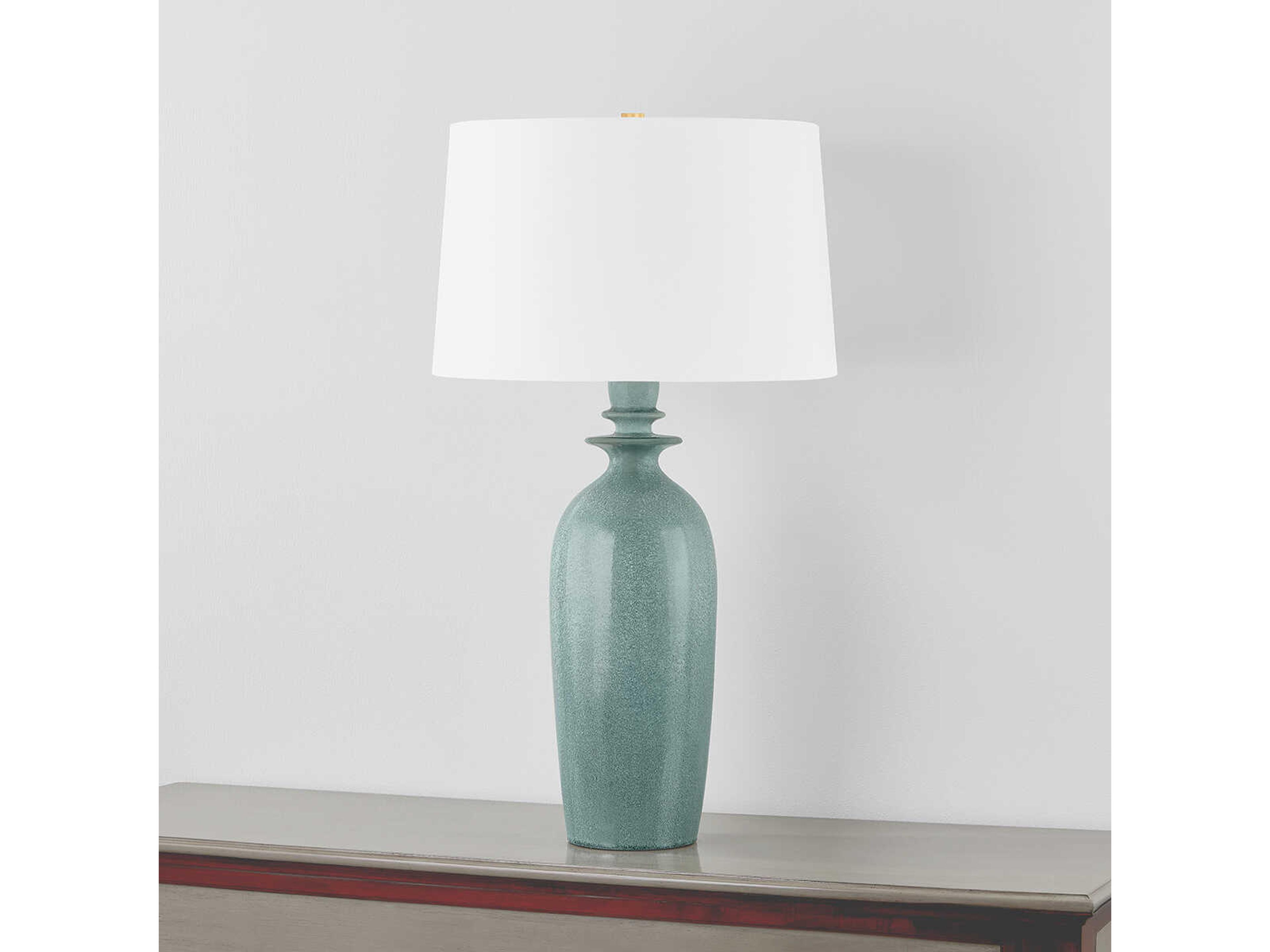 Hudson Valley Bellmawr Aged Brass Ceramic Reactive Palladian White Linen Green Buffet Lamp