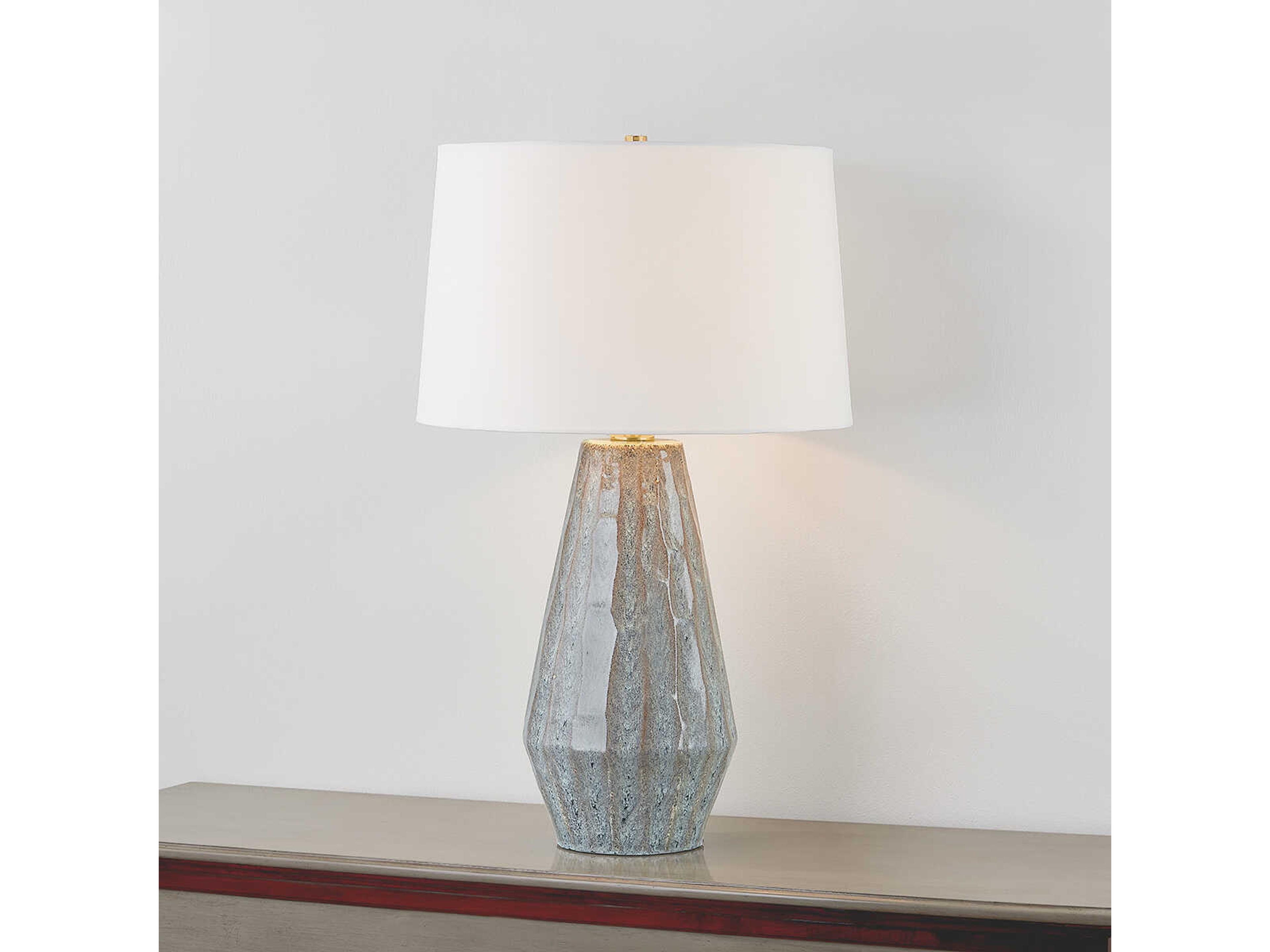 Hudson Valley Alloway Aged Brass Ceramic Swept Coast White Linen Blue Buffet Lamp