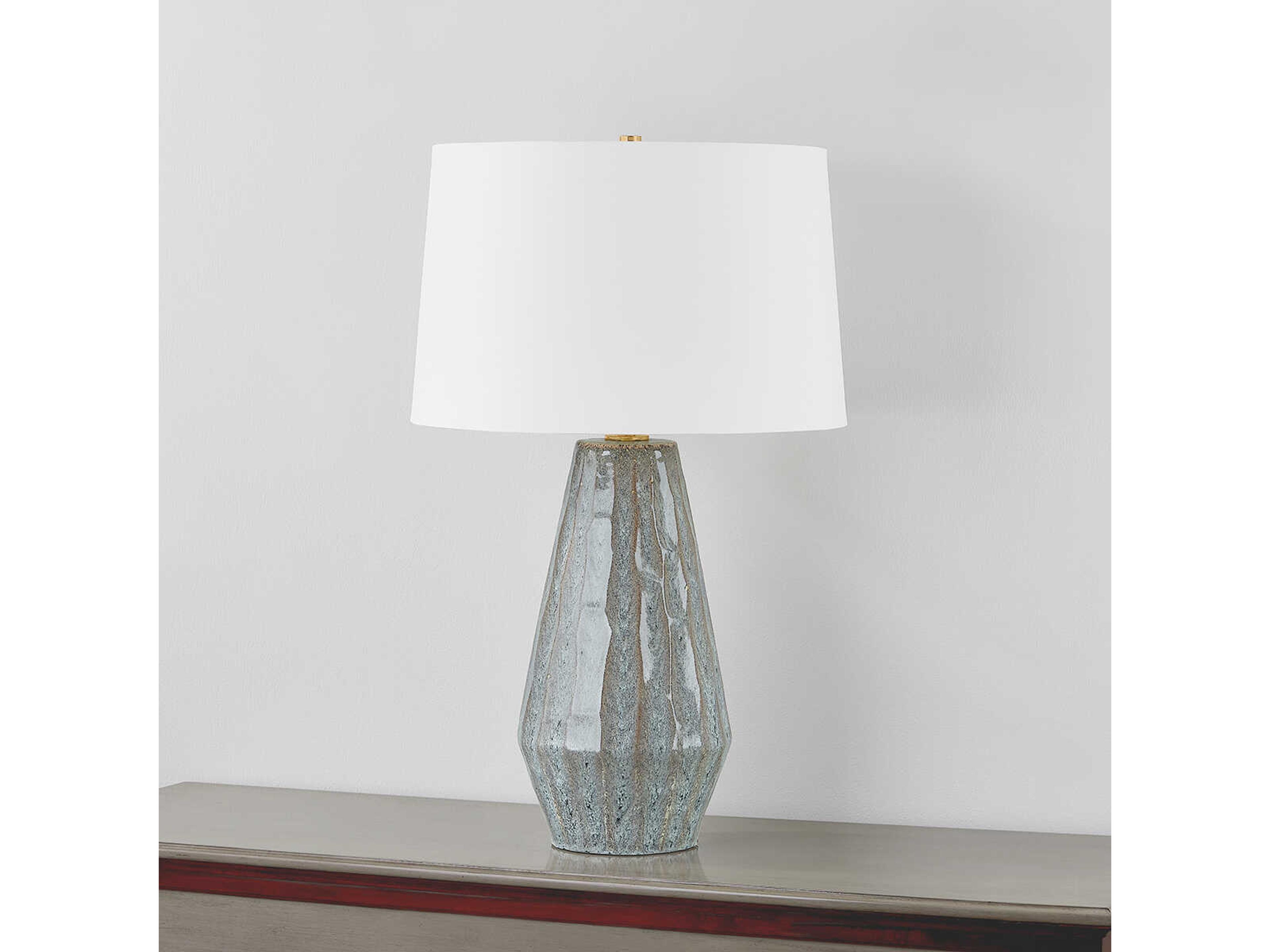 Hudson Valley Alloway Aged Brass Ceramic Swept Coast White Linen Blue Buffet Lamp