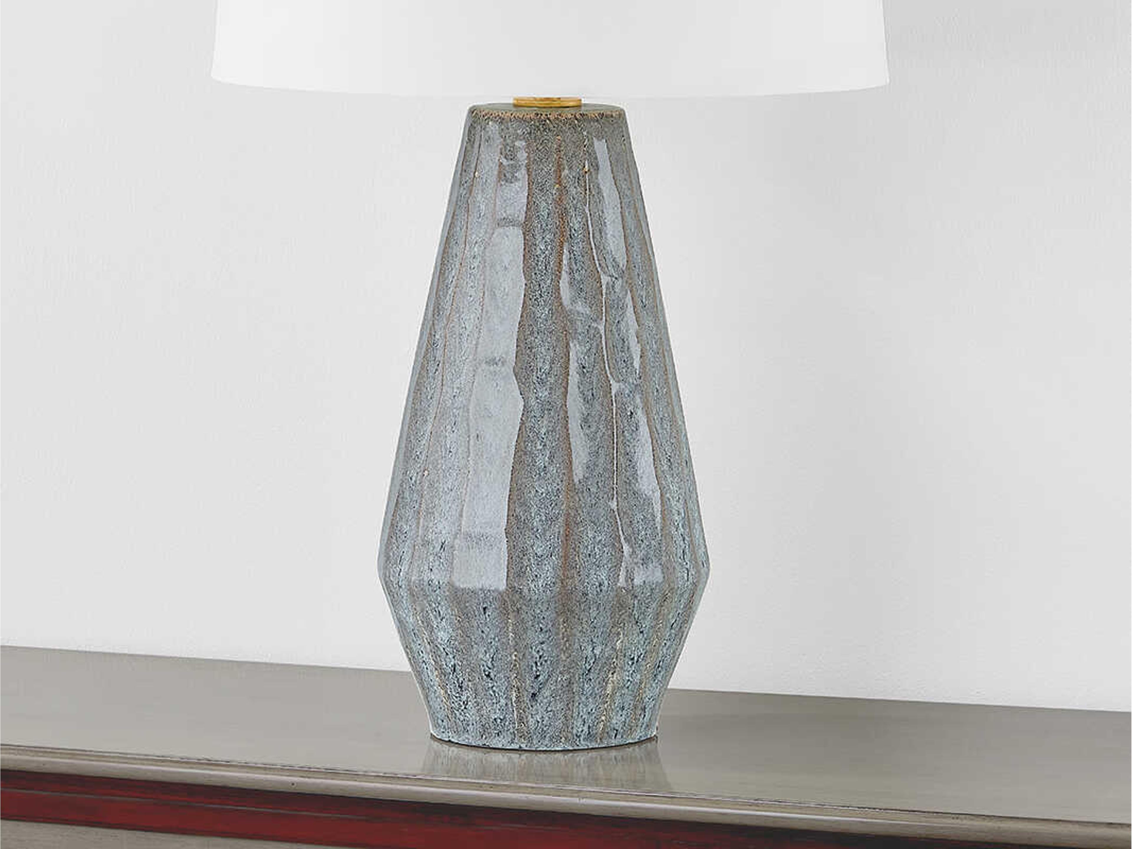 Hudson Valley Alloway Aged Brass Ceramic Swept Coast White Linen Blue Buffet Lamp