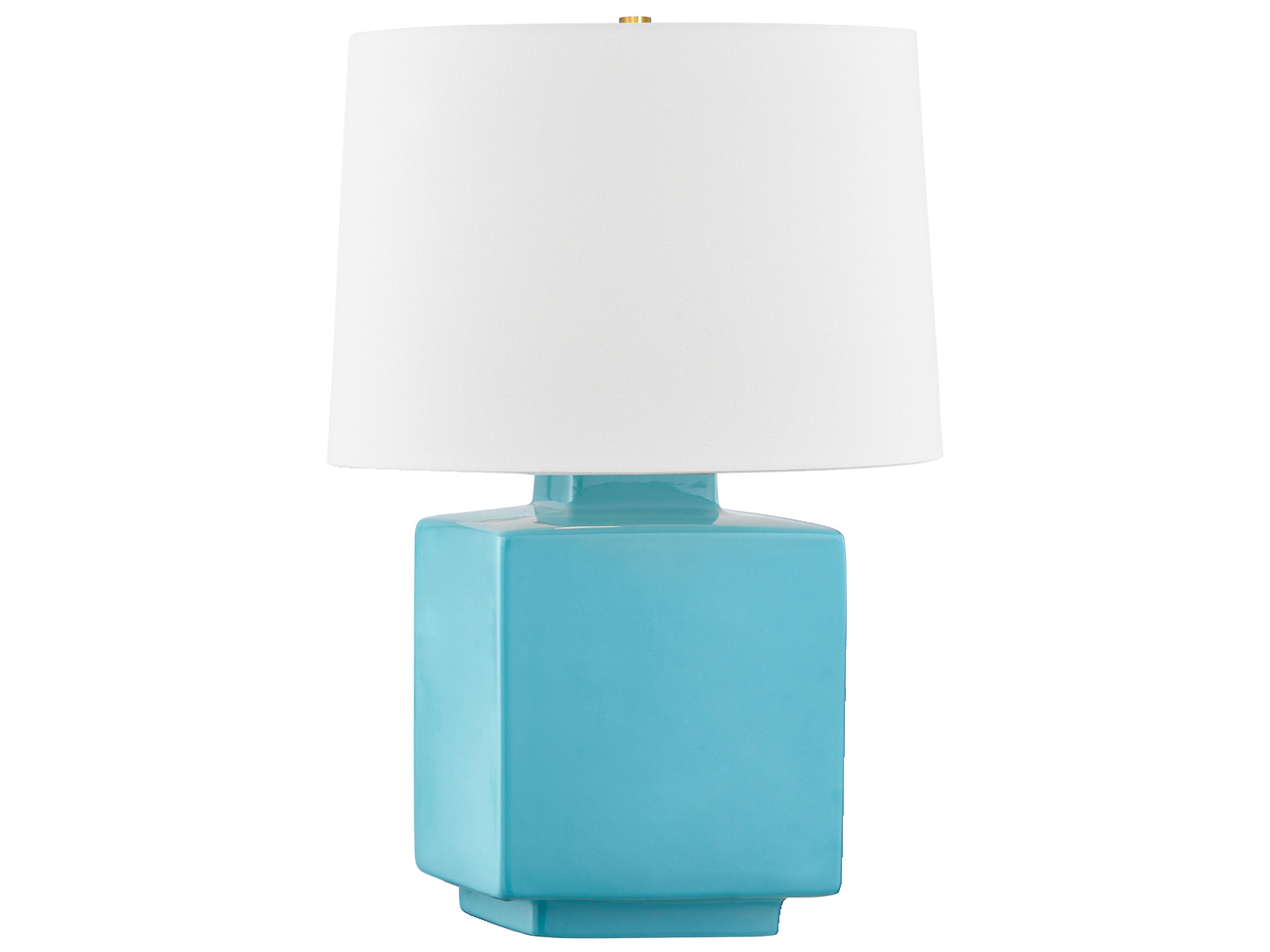 Hudson Valley Hawley Aged Brass Ceramic Gloss Turquoise White Linen Blue Table Lamp