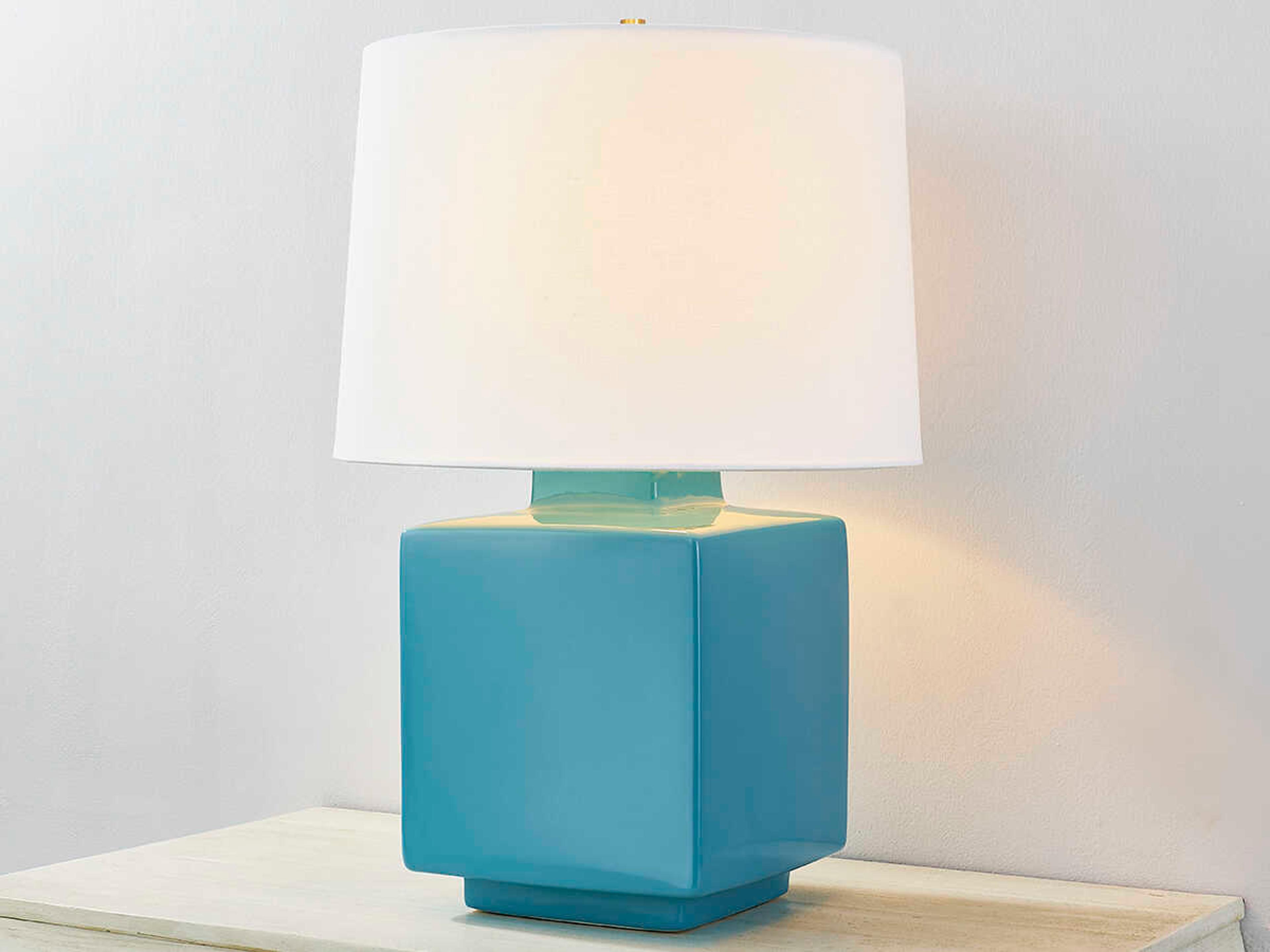 Hudson Valley Hawley Aged Brass Ceramic Gloss Turquoise White Linen Blue Table Lamp