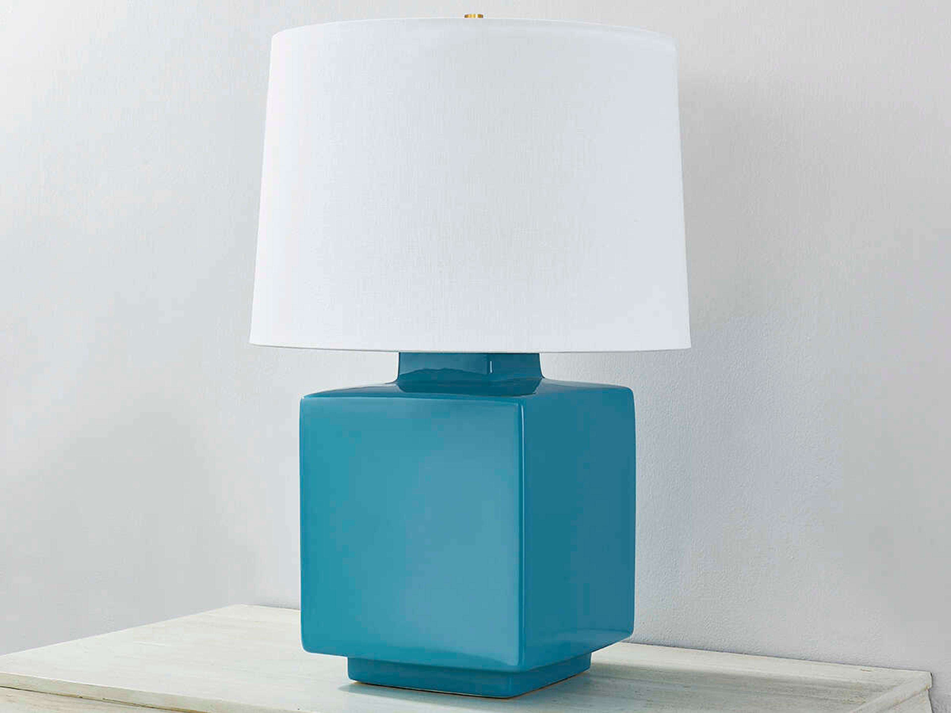 Hudson Valley Hawley Aged Brass Ceramic Gloss Turquoise White Linen Blue Table Lamp