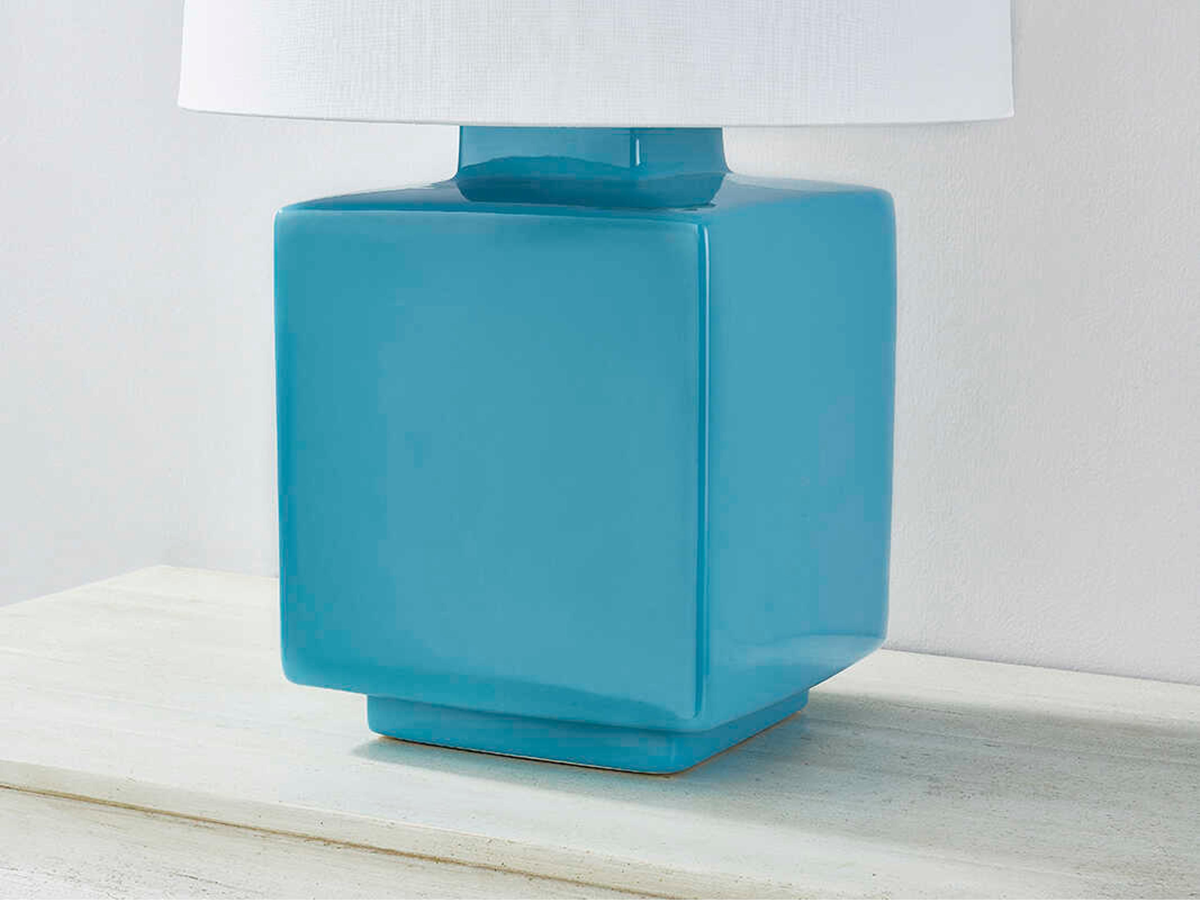 Hudson Valley Hawley Aged Brass Ceramic Gloss Turquoise White Linen Blue Table Lamp